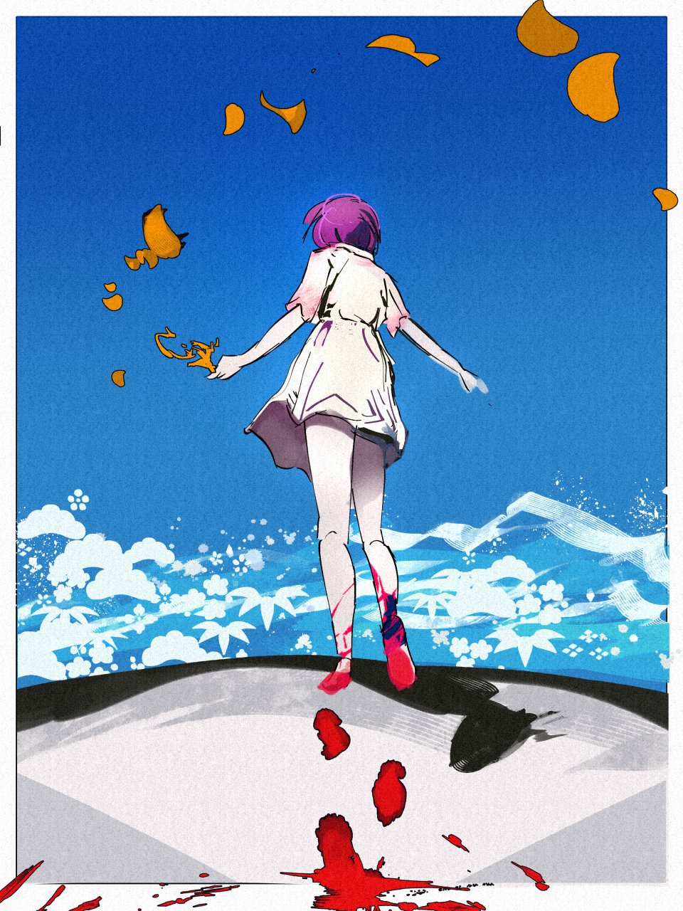 axelstool, reze (chainsaw man), chainsaw man, highres, 1girl, barefoot, beach, blood, blood on feet, border, dress, falling petals, footprints, from behind, ocean, outdoors, outside border, petals, purple hair, sand, short hair, sky, solo, waves, white border, white dress