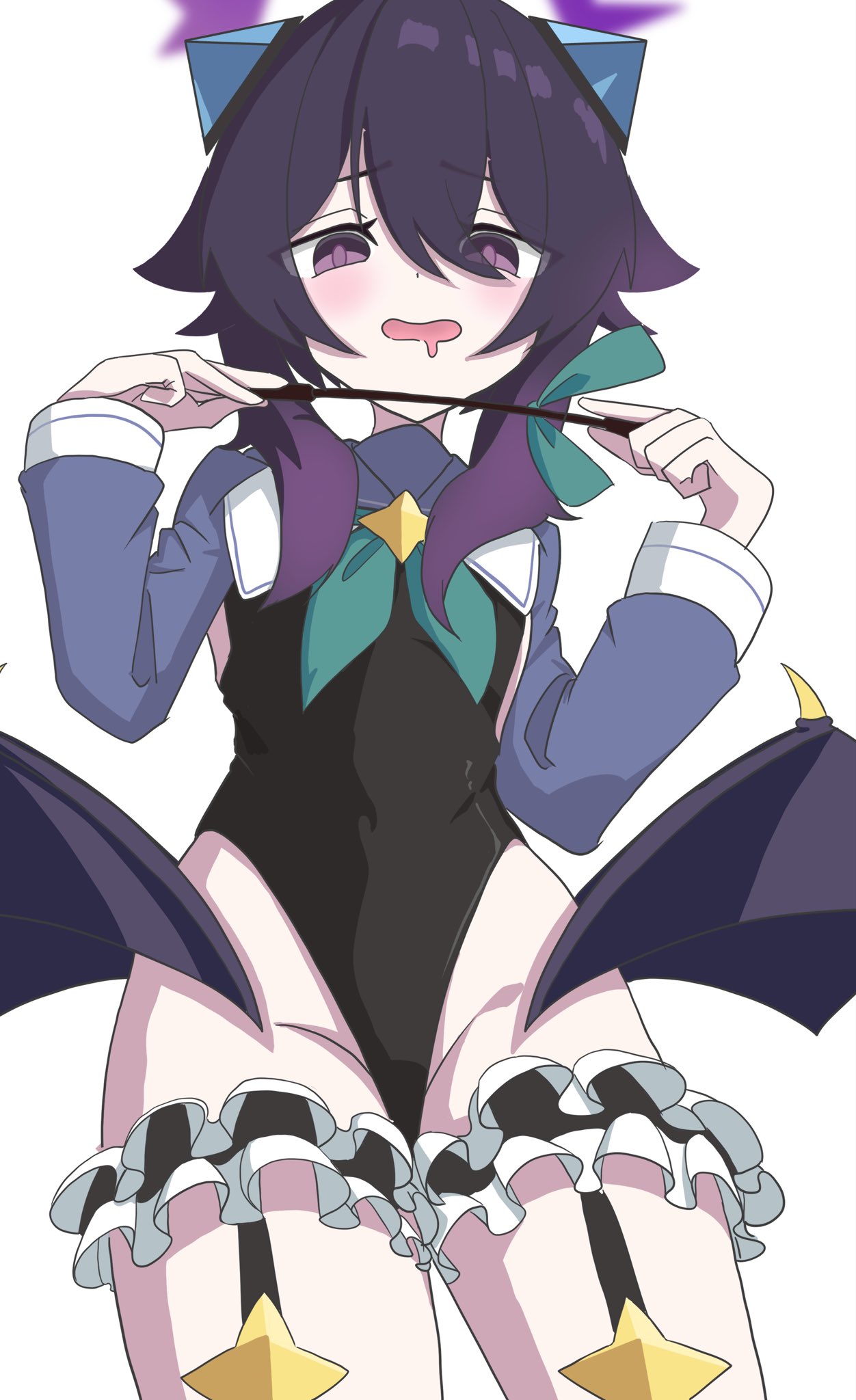haruka (blue archive), shimiko (blue archive), shimiko (magical) (blue archive), blue archive, commentary request, highres, 1girl, black leotard, blue shrug, blush, cosplay, cowboy shot, demon wings, drooling, flat chest, from below, green neckerchief, hair between eyes, halo, highleg, highleg leotard, holding, holding riding crop, legwear garter, leotard, long sleeves, looking at viewer, low wings, mouth drool, neckerchief, open mouth, purple eyes, purple hair, purple halo, riding crop, shimiko (blue archive) (cosplay), shrug (clothing), solo, super highleg, treeilust, white background, wings