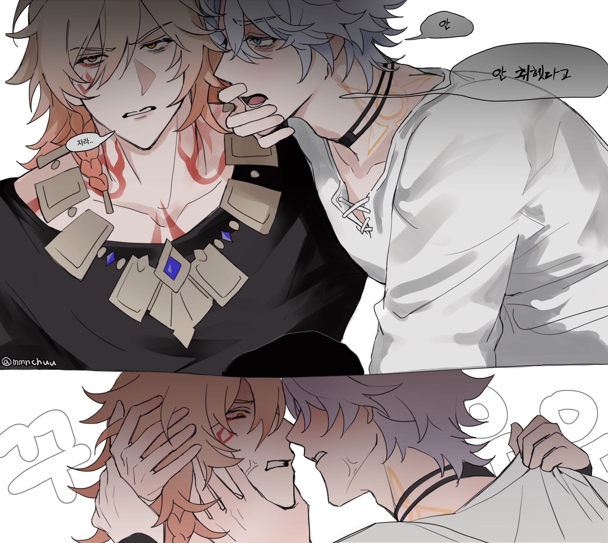 mmnchuu, mydei (honkai: star rail), phainon (honkai: star rail), honkai: star rail, honkai (series), hashtag-only commentary, highres, korean commentary, translation request, 2boys, antenna hair, black choker, black shirt, blonde hair, blue eyes, braid, chest tattoo, choker, facial tattoo, gradient hair, hand on another's cheek, hand on another's face, hand on another's head, male focus, medium hair, multicolored hair, multiple boys, neck tattoo, parted bangs, red hair, red tattoo, shirt, short hair, side braid, sun symbol, sun tattoo, tan, tattoo, white hair, white shirt, yaoi, yellow eyes