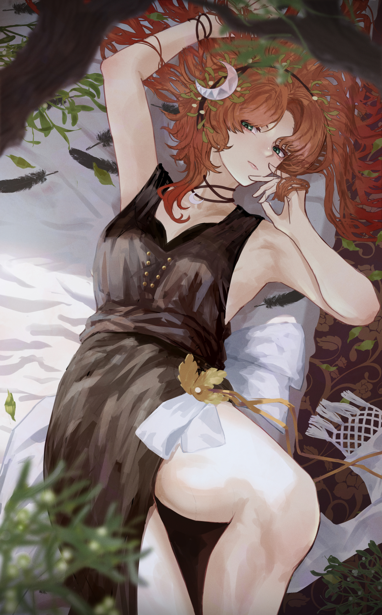 gino (gino h), druvis iii, reverse:1999, highres, 1girl, arm up, armpits, bare arms, bare legs, black dress, branch, closed mouth, cowboy shot, crescent, crescent hair ornament, dress, from above, green eyes, hair ornament, hair spread out, hands up, leaf hair ornament, long hair, looking at viewer, lying, on back, on bed, orange hair, side slit, sleeveless, sleeveless dress, solo, twirling hair, very long hair