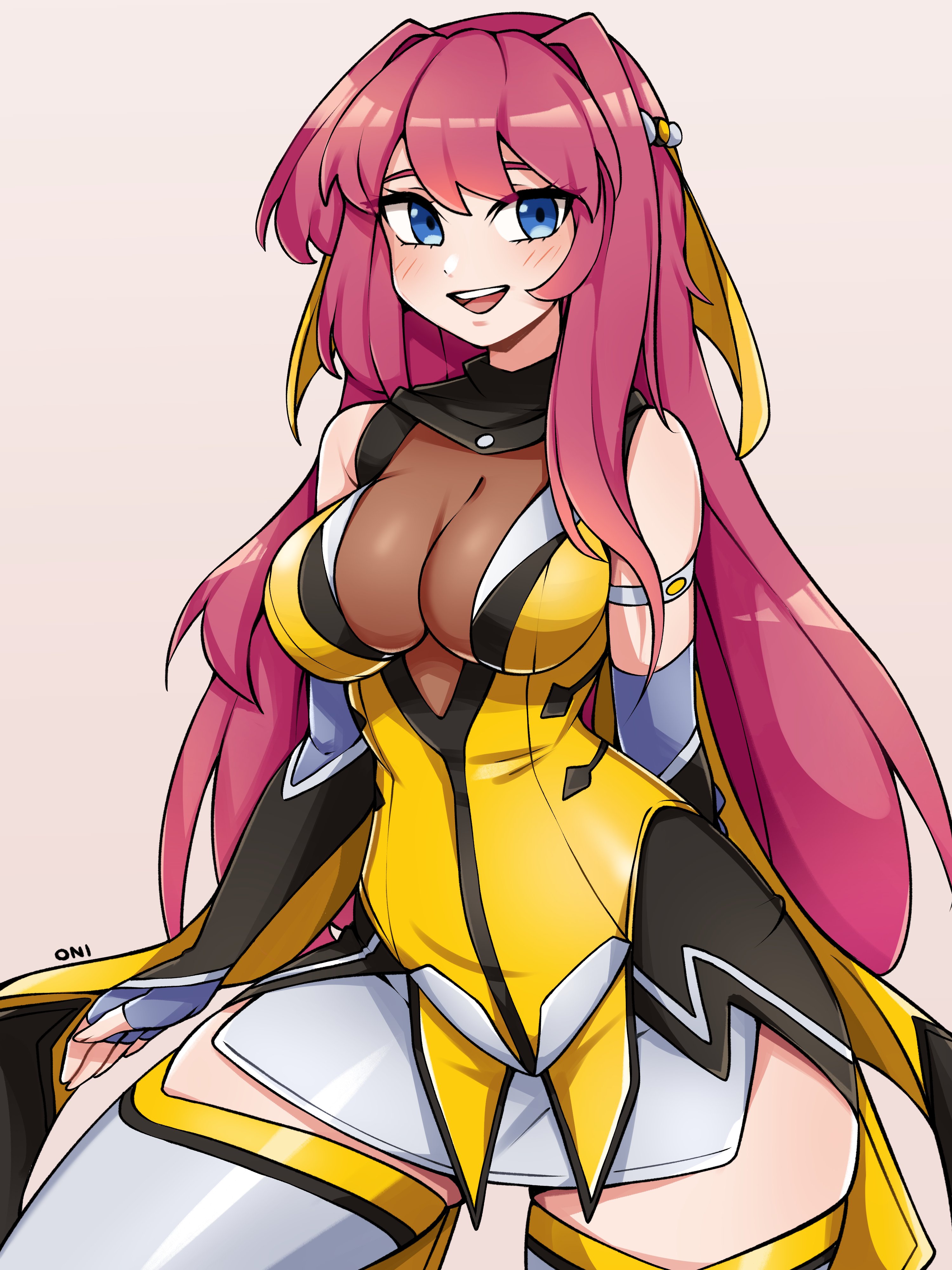oninuer, takamori haruka, choukou (alicesoft), choukou sennin haruka, original, absurdres, highres, 1girl, bare shoulders, blue eyes, blush, breasts, cleavage, cosplay, cowboy shot, double-parted bangs, dress, elbow gloves, fingerless gloves, gloves, grey gloves, large breasts, long hair, looking at viewer, open mouth, pink hair, see-through cleavage, see-through clothes, simple background, smile, solo, takamori haruka (cosplay), thighhighs, white background, white thighhighs, yellow dress