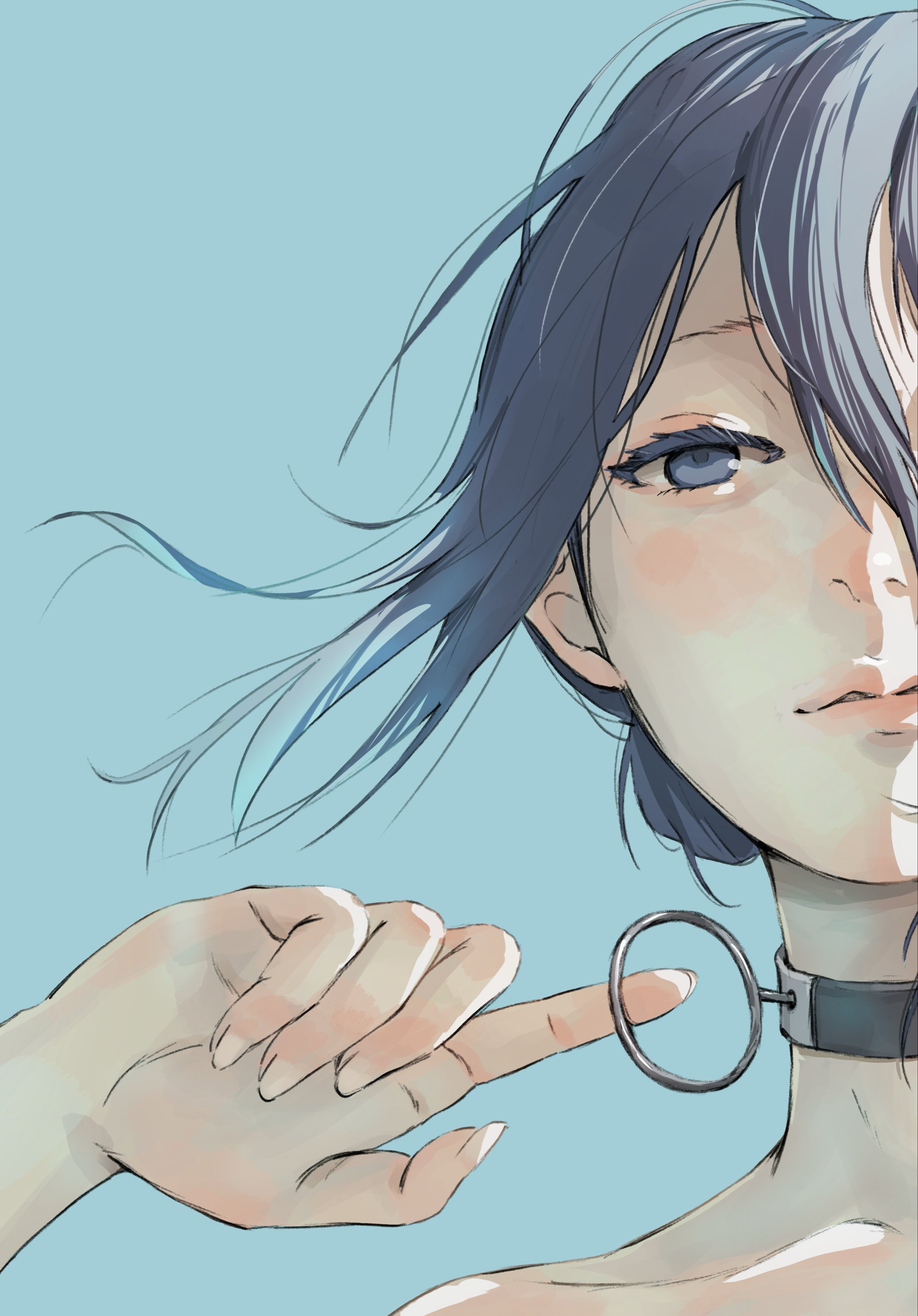 tsudadaikei, reze (chainsaw man), chainsaw man, absurdres, commentary, highres, 1girl, alternate eye color, bare shoulders, black choker, black hair, blue background, blue eyes, choker, closed mouth, collarbone, grenade pin, lips, looking at viewer, portrait, short hair, simple background, solo
