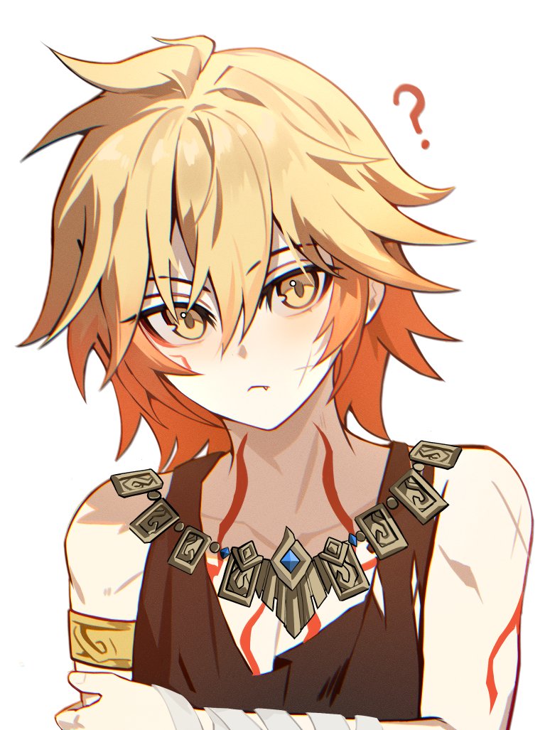 jujeop, mydei (a trail of bygone blood) (honkai: star rail), mydei (honkai: star rail), honkai: star rail, honkai (series), commentary request, korean commentary, 1boy, aged down, arm tattoo, armlet, blonde hair, braid, chest tattoo, facial tattoo, gold necklace, gradient hair, jewelry, male focus, medium hair, multicolored hair, necklace, official alternate costume, red hair, red tattoo, side braid, simple background, solo, tank top, tattoo, white background, yellow eyes