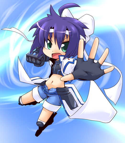 reku, rex (artist), revolver knuckle, subaru nakajima, lyrical nanoha, mahou shoujo lyrical nanoha, mahou shoujo lyrical nanoha strikers, 00s, chibi, fingerless gloves, gloves, green eyes, midriff, navel, purple hair, short hair, solo