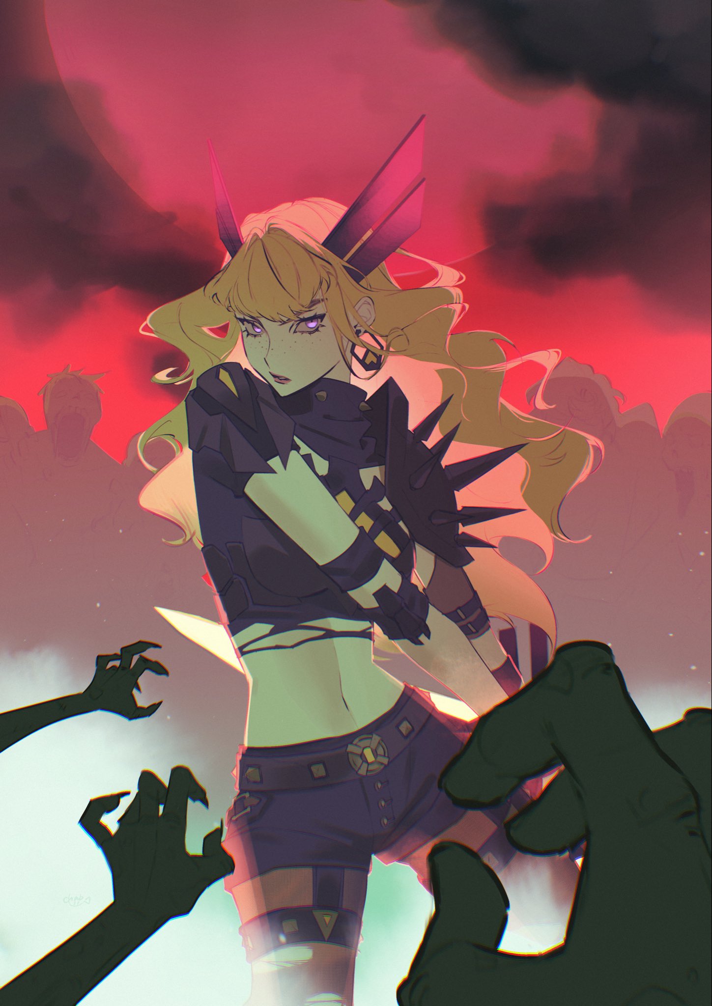 haji (haji07lo), magik (x-men), marvel, marvel rivals, x-men, highres, 1girl, armor, black gloves, blonde hair, breasts, cleavage, clothing cutout, crop top, elbow spikes, gloves, holding, holding sword, holding weapon, huge weapon, long hair, looking at viewer, midriff, navel, pauldrons, short shorts, shorts, shoulder armor, spiked pauldrons, spikes, sword, weapon, zombie