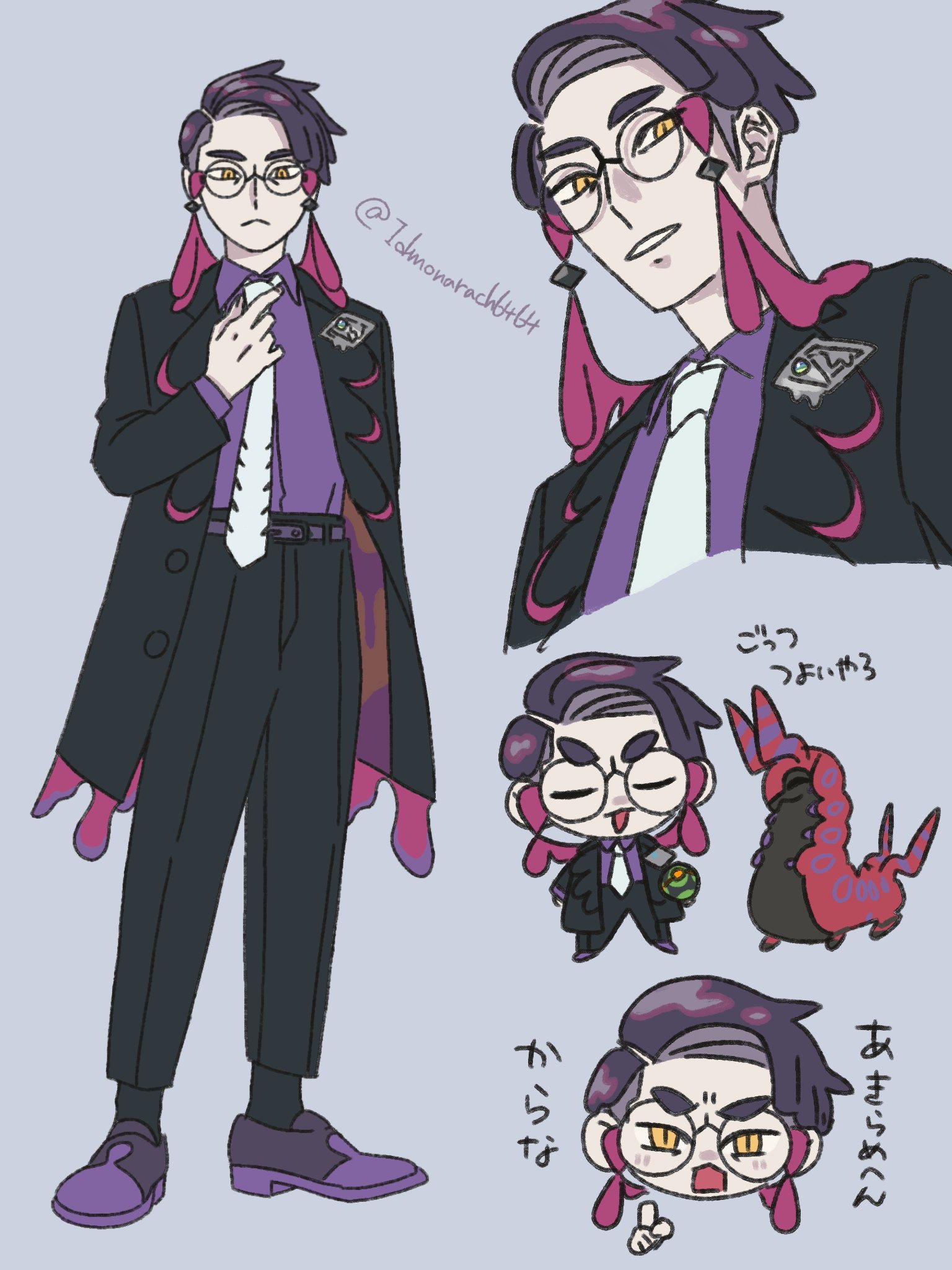 corbeau (pokemon), scolipede, nintendo, pokemon, pokemon legends: z-a, highres, translation request, antennae, belt, black coat, black pants, black socks, bug, chibi, closed eyes, closed mouth, coat, dusk ball, eyewear strap, gen 5 pokemon, glass, holding, holding poke ball, idmonarach6464, mega stone, necktie, open mouth, pants, pillbug, poke ball, pokemon (creature), purple background, purple belt, purple hair, purple shirt, purple shoes, round eyewear, shirt, shoes, socks, white necktie, yellow eyes