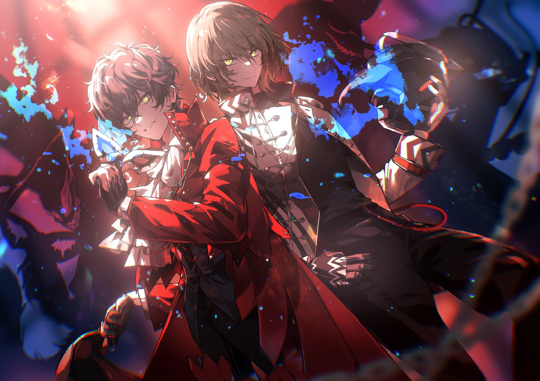 metoerwarrior, akechi gorou, amamiya ren, arsene (persona 5), loki (persona 5), persona, persona 5, commentary, english commentary, highres, 2boys, arsene (persona 5) (cosplay), ascot, black gloves, black hair, black pants, black shirt, black vest, blue fire, blurry, blurry background, brown hair, closed mouth, coat, cosplay, domino mask, dutch angle, eye mask, feet out of frame, fire, gloves, hair between eyes, hand on own hip, hand up, high collar, holding, holding mask, jacket, loki (persona 5) (cosplay), long sleeves, looking at viewer, male focus, mask, multiple boys, pants, parted lips, red coat, shirt, short hair, smile, vest, white ascot, white gloves, white jacket, yellow eyes