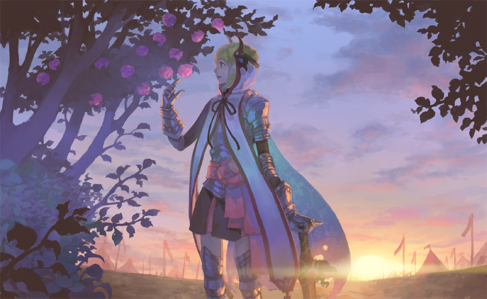 hiko (scape), yoshizawa hikoto, bad id, bad pixiv id, armor, banner, blonde hair, cape, cloud, flag, flower, forest, horns, knight, nature, rose, sky, solo, sun, tent, tree