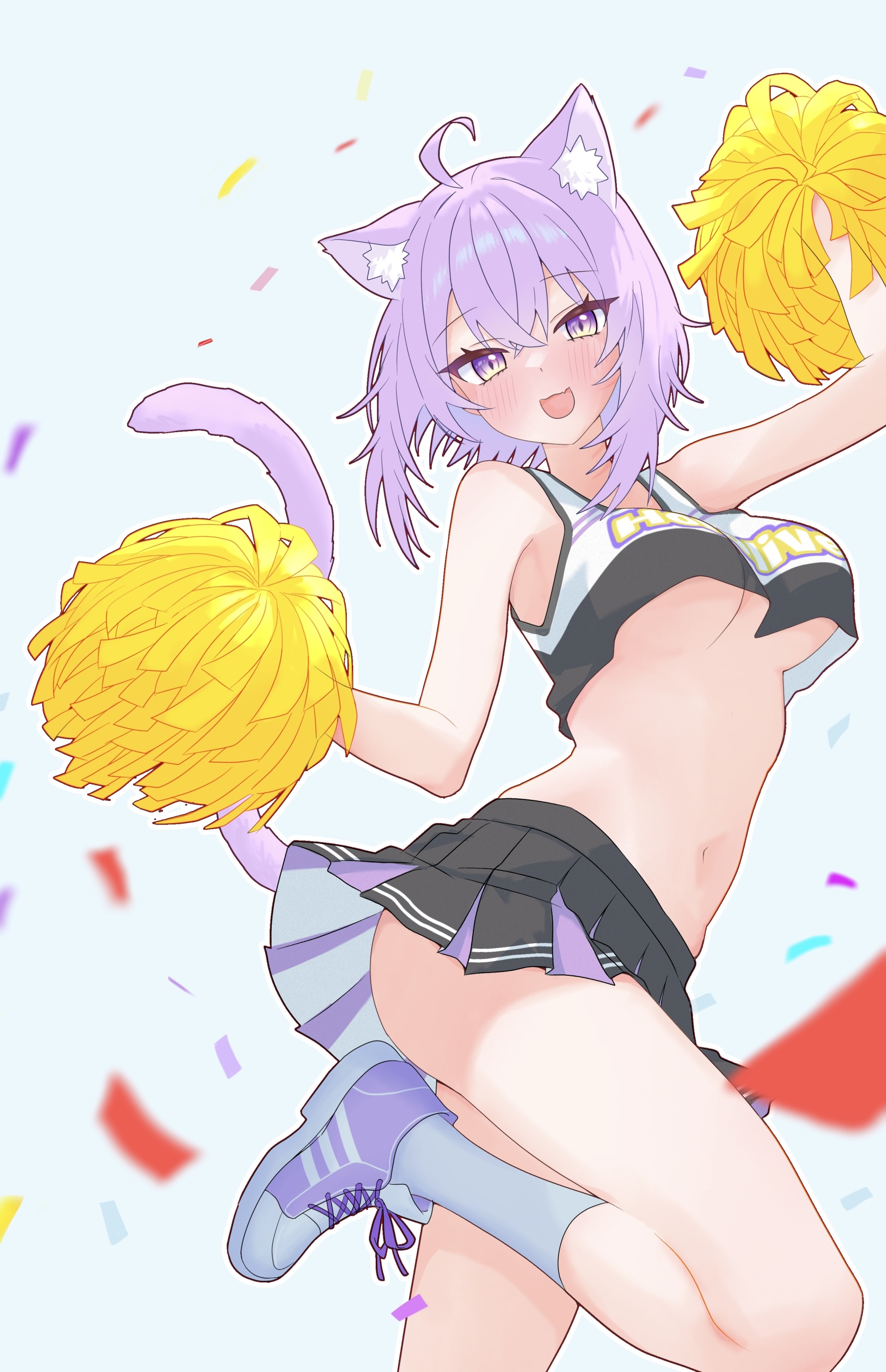 warg game, nekomata okayu, hololive, absurdres, highres, 1girl, :d, ahoge, alternate costume, animal ear fluff, animal ears, black skirt, blush, breasts, cat ears, cat girl, cat tail, cheerleader, fang, foot out of frame, from side, kneehighs, looking at viewer, medium breasts, miniskirt, navel, open mouth, outline, pom pom (cheerleading), purple eyes, purple hair, purple shoes, revealing clothes, shoes, short hair, sidelocks, skin fang, skirt, smile, socks, solo, standing, standing on one leg, stomach, tail, tank top, underboob, virtual youtuber, white outline, white socks, white tank top