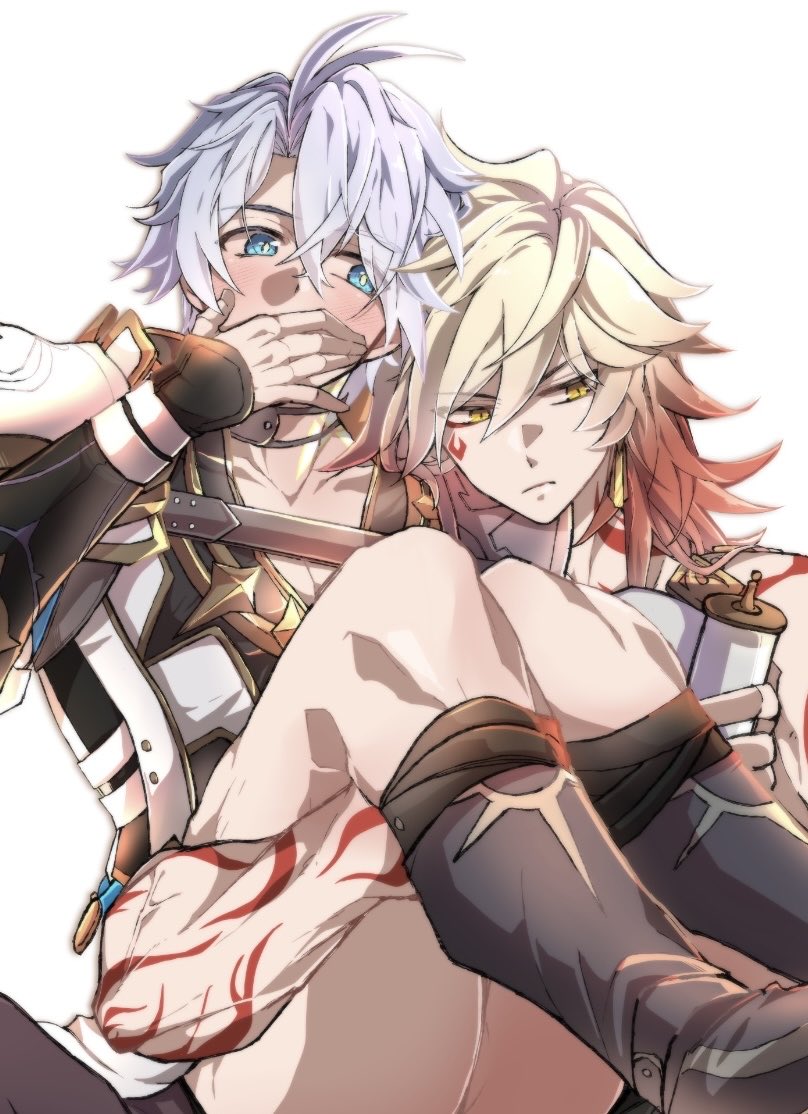 mydei (honkai: star rail), phainon (honkai: star rail), honkai: star rail, honkai (series), commentary request, 2boys, antenna hair, arm tattoo, armlet, armor, black choker, black shirt, blonde hair, blue eyes, blush, braid, choker, coat, crcrc1950, earrings, facial tattoo, gold earrings, gradient hair, hand on own face, jewelry, male focus, medium hair, multicolored hair, multiple boys, muscular, muscular male, neck tattoo, parted bangs, pauldrons, red hair, red tattoo, shirt, short hair, shoulder armor, side braid, simple background, single pauldron, sun symbol, sun tattoo, tan, tattoo, veins, white background, white coat, white hair, yaoi, yellow eyes