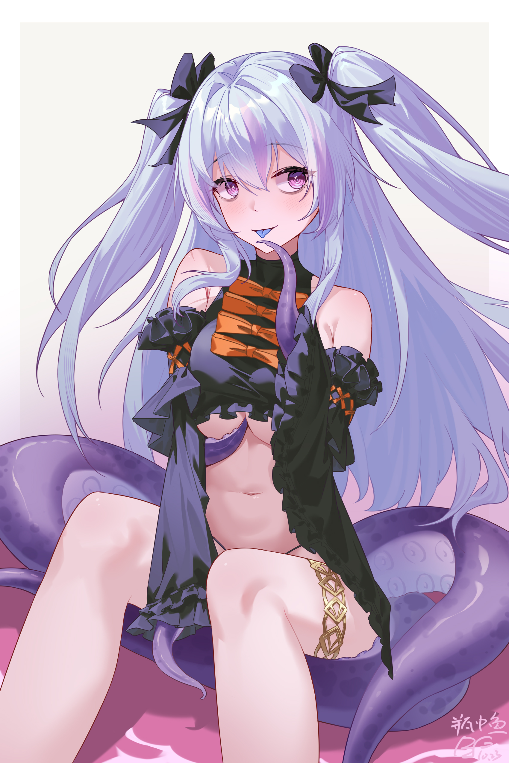 ping zhong yu, adventure (master of the safe house) (azur lane), azur lane, absurdres, highres, 1girl, :p, adventure (azur lane), bare shoulders, black ribbon, black sleeves, blue hair, blue tongue, bow, breasts, colored tongue, detached sleeves, frilled sleeves, frills, gold thighlet, hair ribbon, jewelry, long hair, looking to the side, medium breasts, multicolored hair, navel, official alternate costume, orange bow, purple eyes, purple hair, purple streaks, ribbon, signature, simple background, solo, stomach, streaked hair, tentacle arm, tentacles, thighlet, tongue, tongue out, two side up, underboob, white background