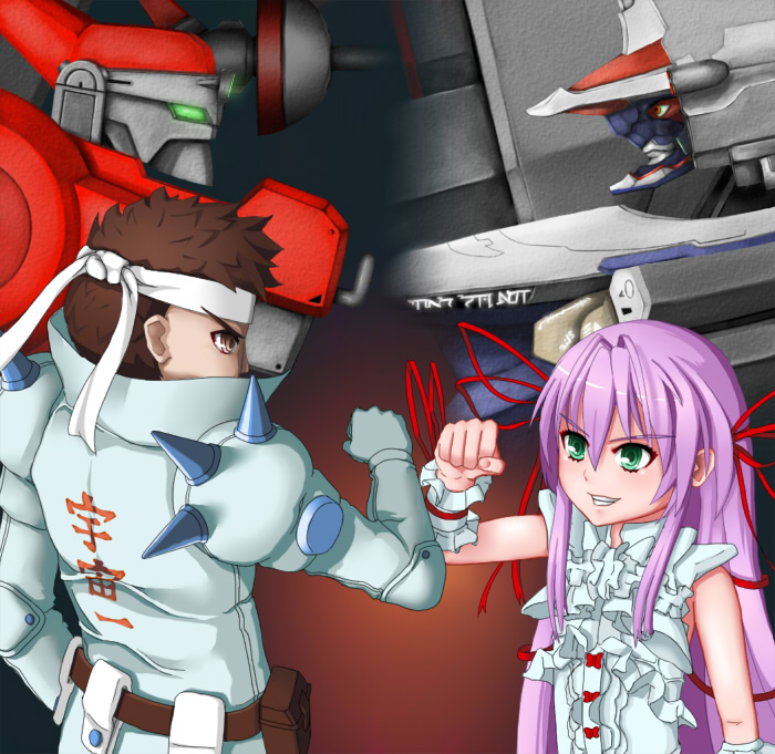 doctor east, al azif (demonbane), blodia, demonbane (mecha), saotome jin, capcom, cyberbots, demonbane, nitroplus, 00s, 1boy, 1girl, clothes writing, crossover, mecha, robot