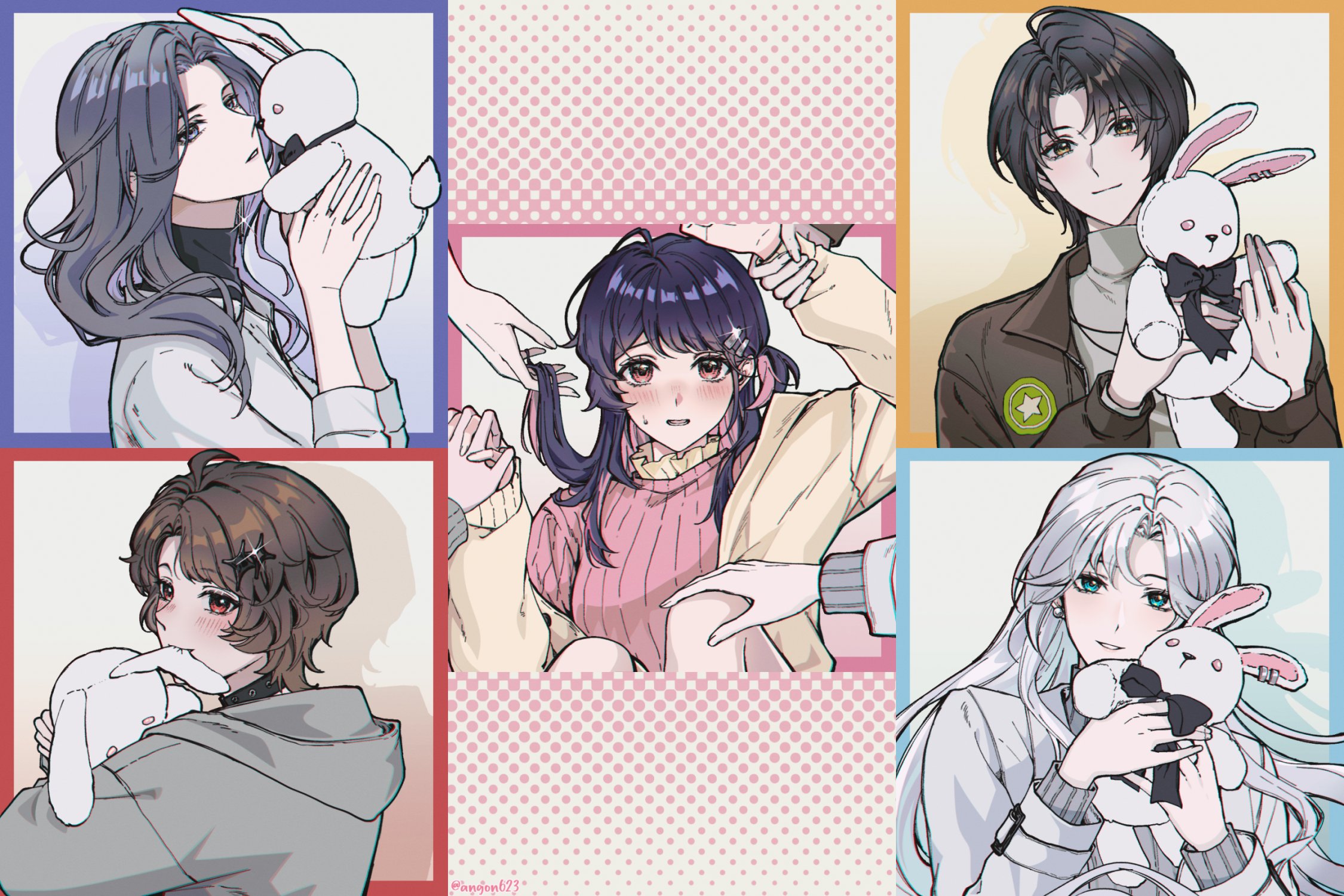 angon623, eleanor si, iris wen, nyx xia, selene yan, victoria qi, love curse: find your soulmate, hashtag-only commentary, highres, 5girls, androgynous, arm up, biting, black bow, black bowtie, black choker, black hair, blue eyes, blush, bow, bowtie, brown hair, brown jacket, cardigan, choker, clenched teeth, closed mouth, colored inner hair, earrings, from side, hair ornament, hairclip, halftone, hand on another's knee, hands up, holding, holding another's hair, holding another's wrist, holding hands, holding stuffed toy, interlocked fingers, jacket, jewelry, layered clothes, long hair, long sleeves, looking at viewer, multicolored hair, multiple girls, nervous sweating, parted lips, pink eyes, pink hair, purple eyes, purple hair, red eyes, short hair, smile, star (symbol), stuffed animal, stuffed rabbit, stuffed toy, sweat, teeth, three-quarter sleeves, turtleneck, twitter username, two-tone hair, upper body, white hair, yellow cardigan, yellow eyes, yuri
