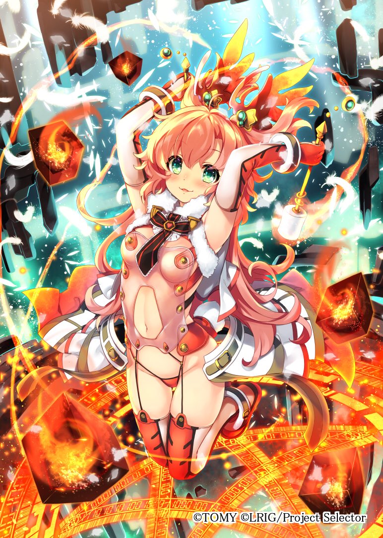 mayusaki yuu, tawil (wixoss), wixoss, official art, 1girl, :3, ahoge, arms up, breasts, clothing cutout, copyright notice, cube, elbow gloves, fire, gloves, green eyes, head wings, holding, holding weapon, long hair, magic circle, medium breasts, navel, navel cutout, open mouth, pink hair, red gloves, red shoes, red wings, revealing clothes, shoes, solo, thighhighs, weapon, white fence, wings