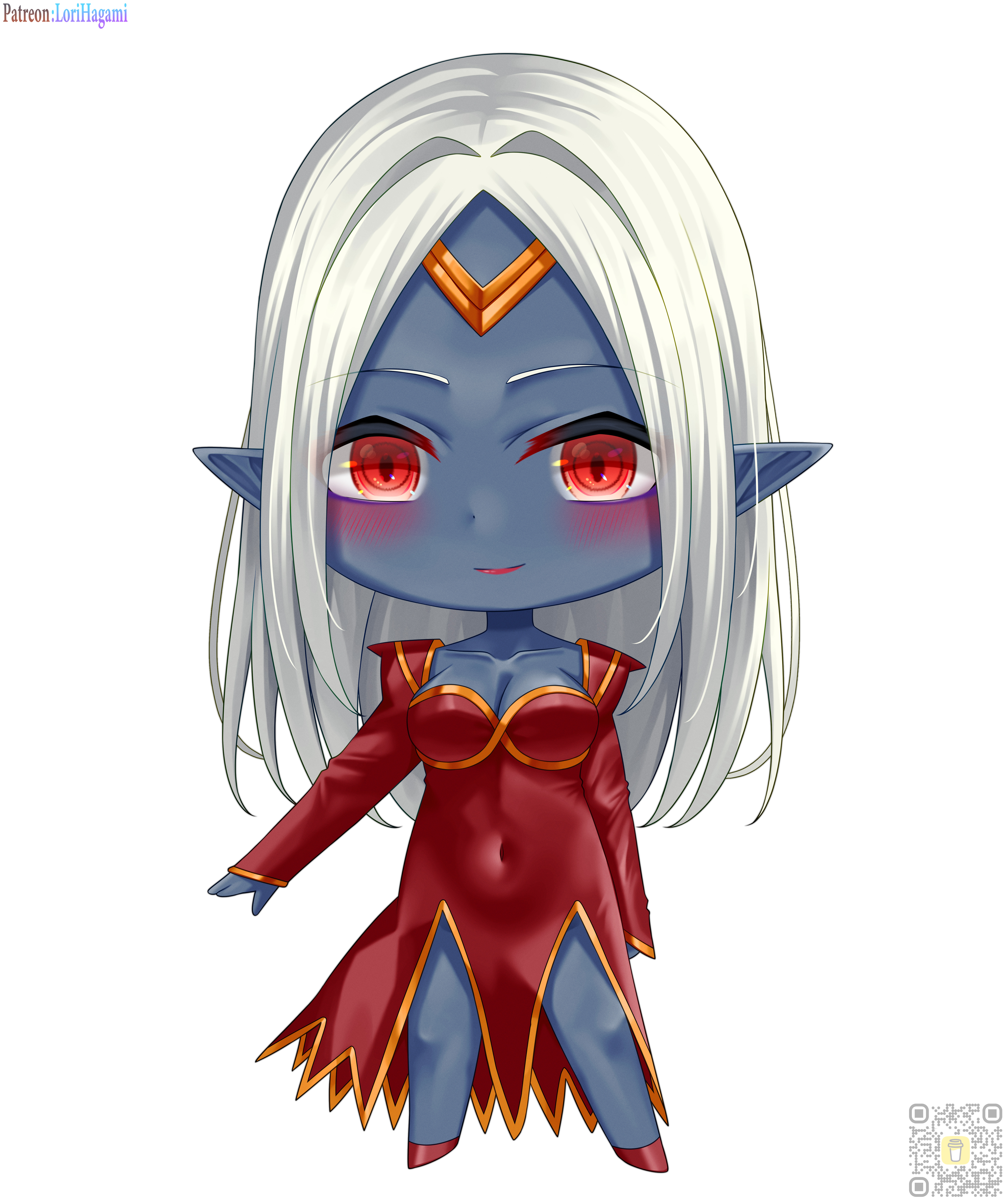 lori hagami, pirothea nelvarryl, ways of darkness (series), absurdres, commission, commissioner upload, highres, official art, 1girl, blue skin, blush, breasts, chibi, circlet, cleavage, closed mouth, collarbone, colored skin, covered navel, dark elf, dress, elf, full body, grey skin, long hair, long sleeves, looking at viewer, medium breasts, navel, parted bangs, patreon username, pointy ears, qr code, red dress, red eyes, shoes, simple background, sleeves past wrists, smile, solo, standing, username, very long hair, white background, white hair