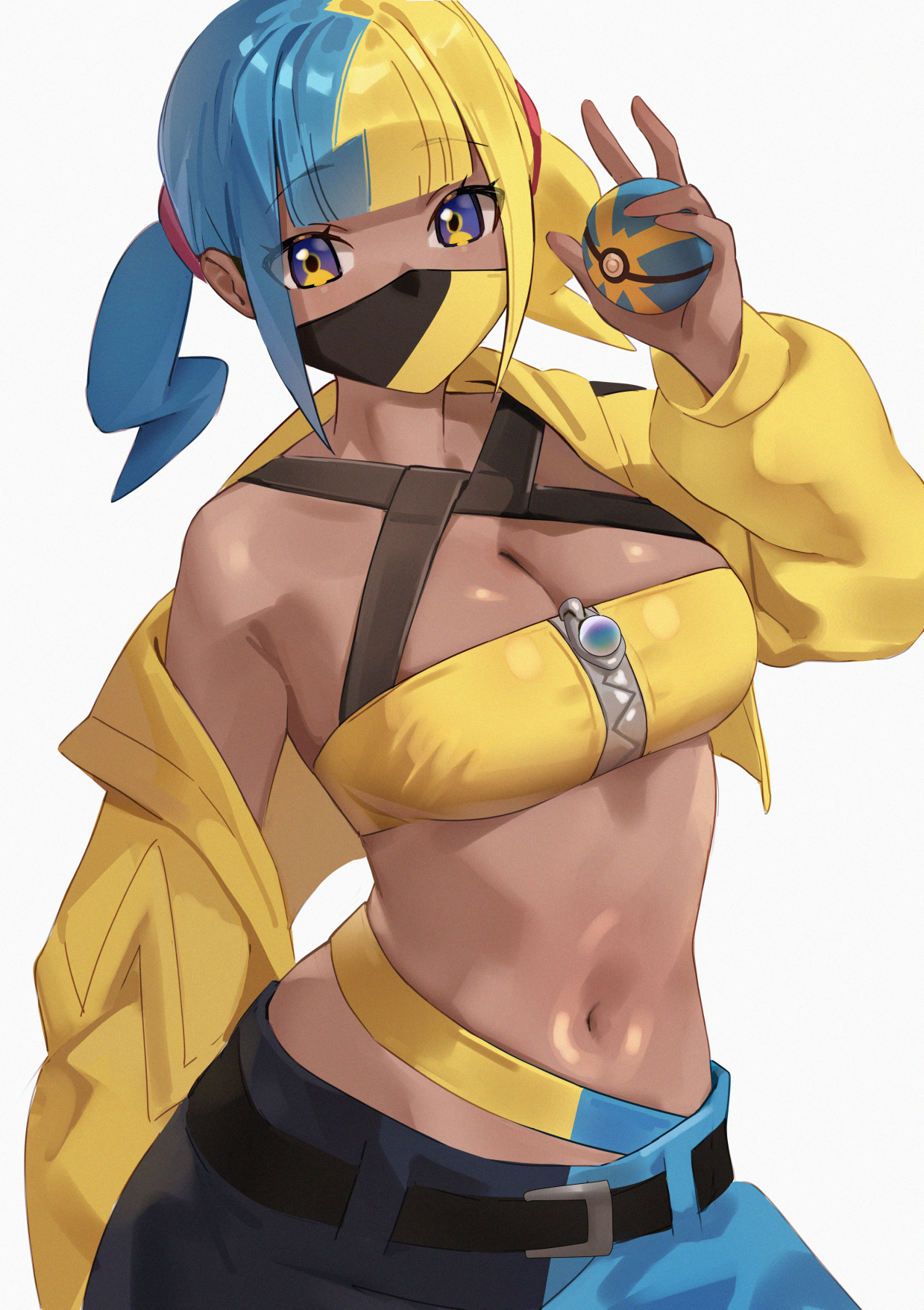 iwbitu, canari (pokemon), nintendo, pokemon, pokemon legends: z-a, highres, 1girl, aqua hair, armpit crease, bandeau, black mask, blonde hair, blue eyes, blue hair, breasts, center-flap bangs, cleavage, criss-cross halter, criss-cross straps, crop top, cropped jacket, dark-skinned female, dark skin, halterneck, hand up, holding, holding poke ball, jacket, large breasts, looking at viewer, mask, mega ring, mega stone, midriff, mouth mask, multicolored eyes, multicolored hair, navel, pants, poke ball, quick ball, short twintails, simple background, solo, split-color hair, stomach, twintails, two-tone eyes, two-tone hair, two-tone mask, two-tone pants, white background, yellow bandeau, yellow jacket, yellow mask