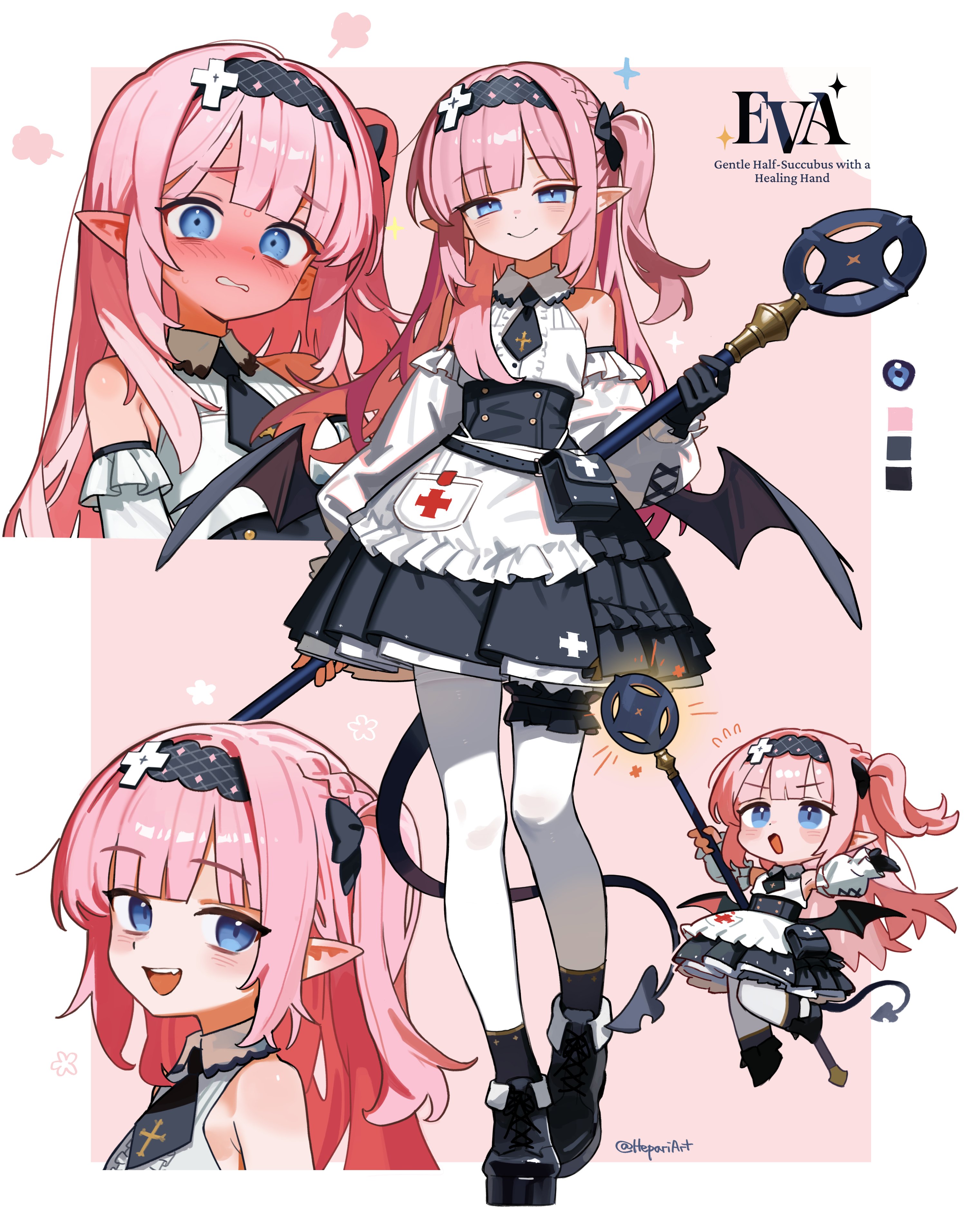 hepari, original, absurdres, commentary, english commentary, highres, 1girl, :d, bare shoulders, black gloves, black necktie, black shoes, black skirt, black socks, blue eyes, blush, border, character name, chibi, closed mouth, collared shirt, cropped torso, detached sleeves, full-face blush, full body, gloves, holding, holding staff, long sleeves, multiple views, necktie, one side up, open mouth, outside border, pantyhose, parted lips, pink background, pointy ears, shirt, shoes, short necktie, simple background, skirt, sleeveless, sleeveless shirt, smile, socks, staff, white border, white pantyhose, white shirt, white sleeves