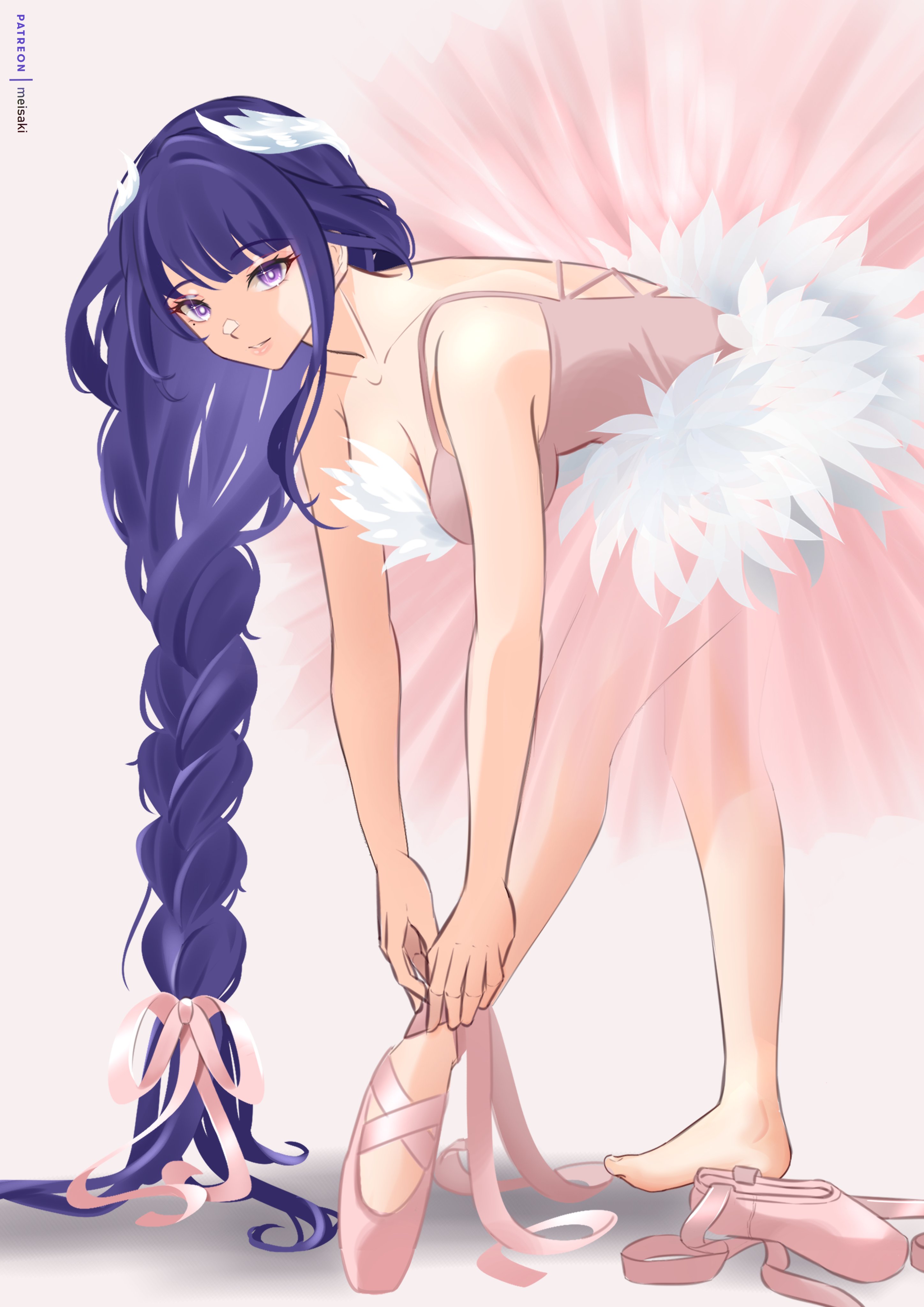 meisaki, raiden shogun, genshin impact, absurdres, commentary, english commentary, highres, 1girl, alternate costume, alternate universe, artist name, ballerina, ballet, ballet dress, ballet slippers, barefoot, bent over, blue pupils, blunt bangs, braid, breasts, cleavage, collarbone, dress, en pointe, eyeliner, feet, full body, grey background, hair ornament, hair ribbon, hanging breasts, head tilt, huge breasts, long braid, long hair, looking at viewer, looking to the side, makeup, mole, mole under eye, multicolored eyes, multicolored hair, parted lips, pink dress, pink lips, pink ribbon, purple eyes, purple hair, red eyeliner, ribbon, shade, single braid, smile, solo, teeth, toes, tutu
