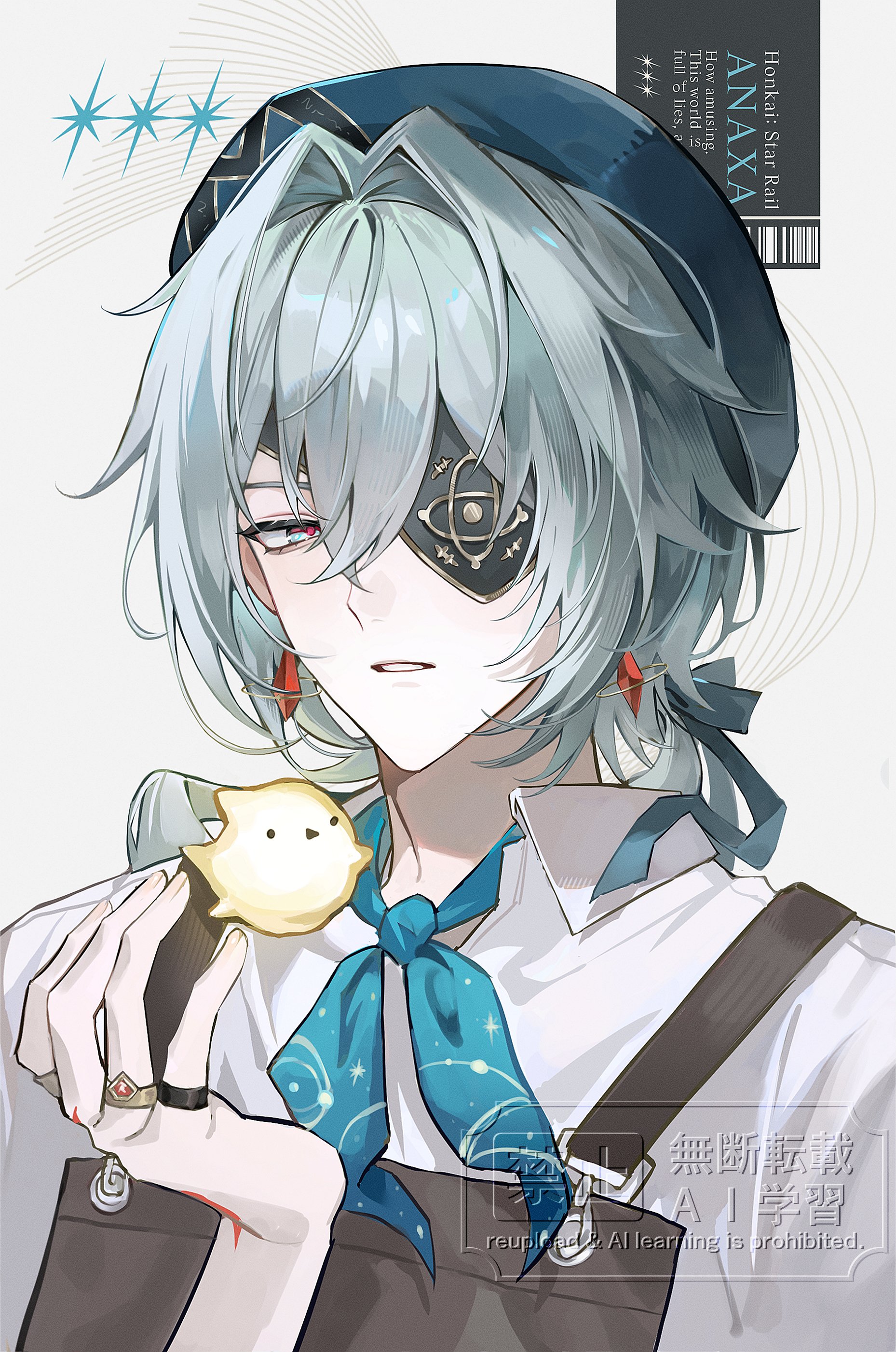 maikang0987, anaxa (honkai: star rail), honkai: star rail, honkai (series), absurdres, commentary, highres, symbol-only commentary, 1boy, blue hat, blue neckerchief, character name, collared shirt, green eyes, green hair, hand up, hat, looking at viewer, male focus, neckerchief, parted lips, portrait, shirt, short hair, simple background, solo, watermark, white shirt