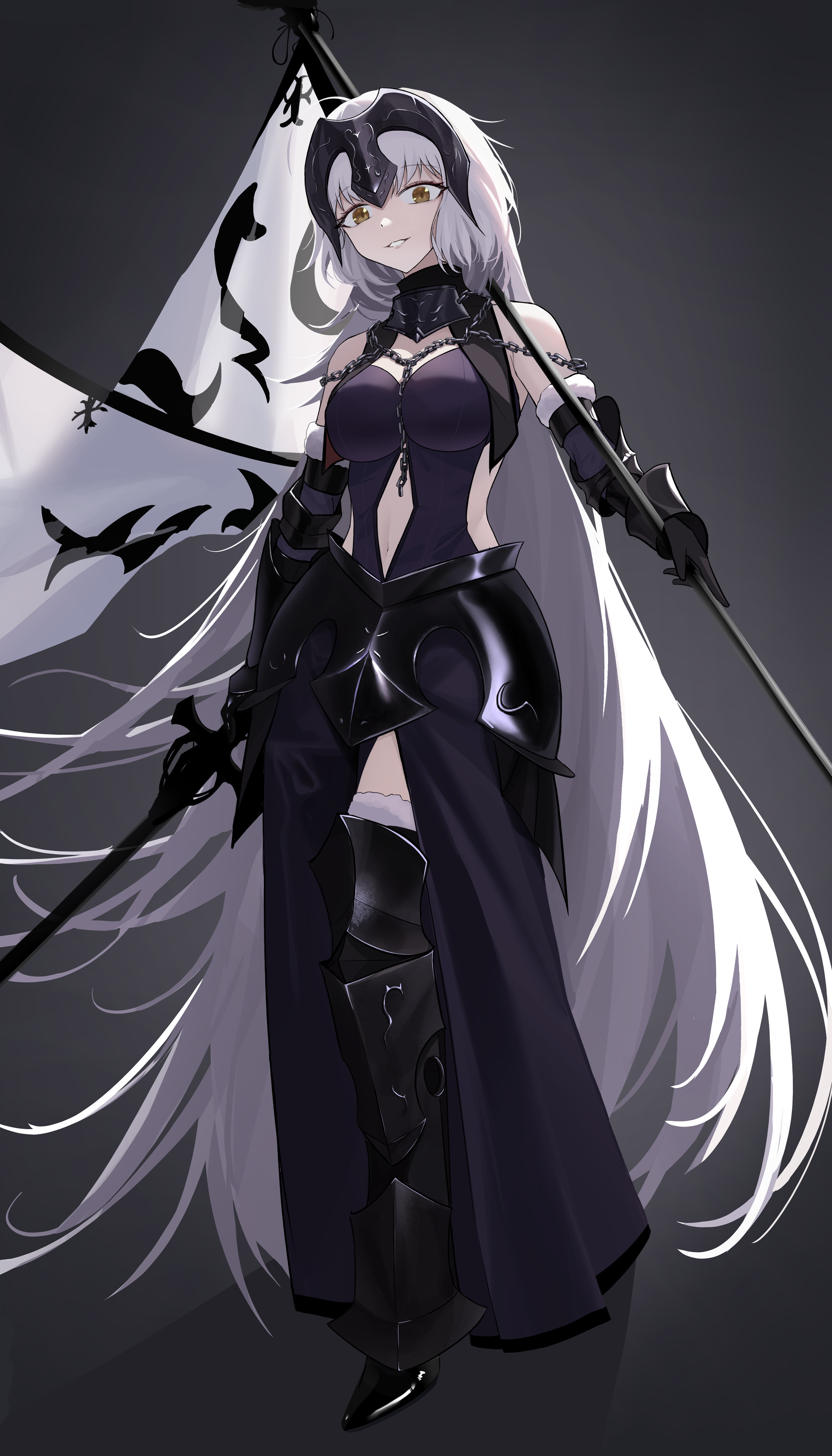 crcr (crchaorou), jeanne d'arc alter (avenger) (fate), jeanne d'arc alter (avenger) (third ascension) (fate), jeanne d'arc alter (fate), fate/grand order, fate (series), absurdres, commentary, highres, 1girl, ahoge, bare shoulders, black dress, breasts, chain, dress, full body, grin, headpiece, holding, holding polearm, holding sword, holding weapon, large breasts, long hair, looking at viewer, navel, polearm, smile, solo, sword, very long hair, weapon, white hair, yellow eyes