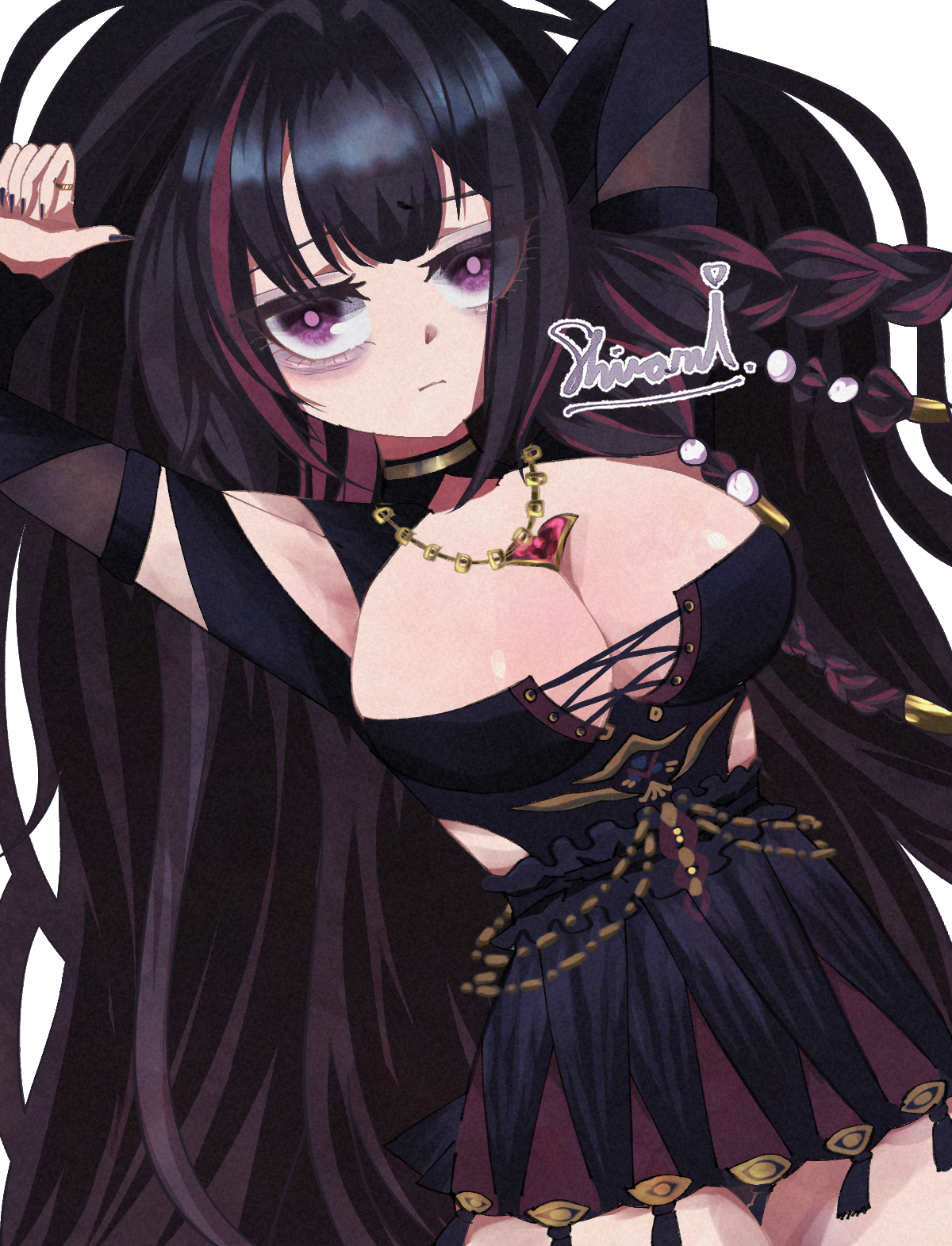 shiranuinuiko, queen anne's revenge (azur lane), azur lane, highres, 1girl, bags under eyes, black hair, braid, breasts, cleavage, closed mouth, jewelry, large breasts, long hair, looking at viewer, multicolored hair, necklace, purple eyes, purple nails, purple streaks, ring, signature, simple background, solo, streaked hair, white background