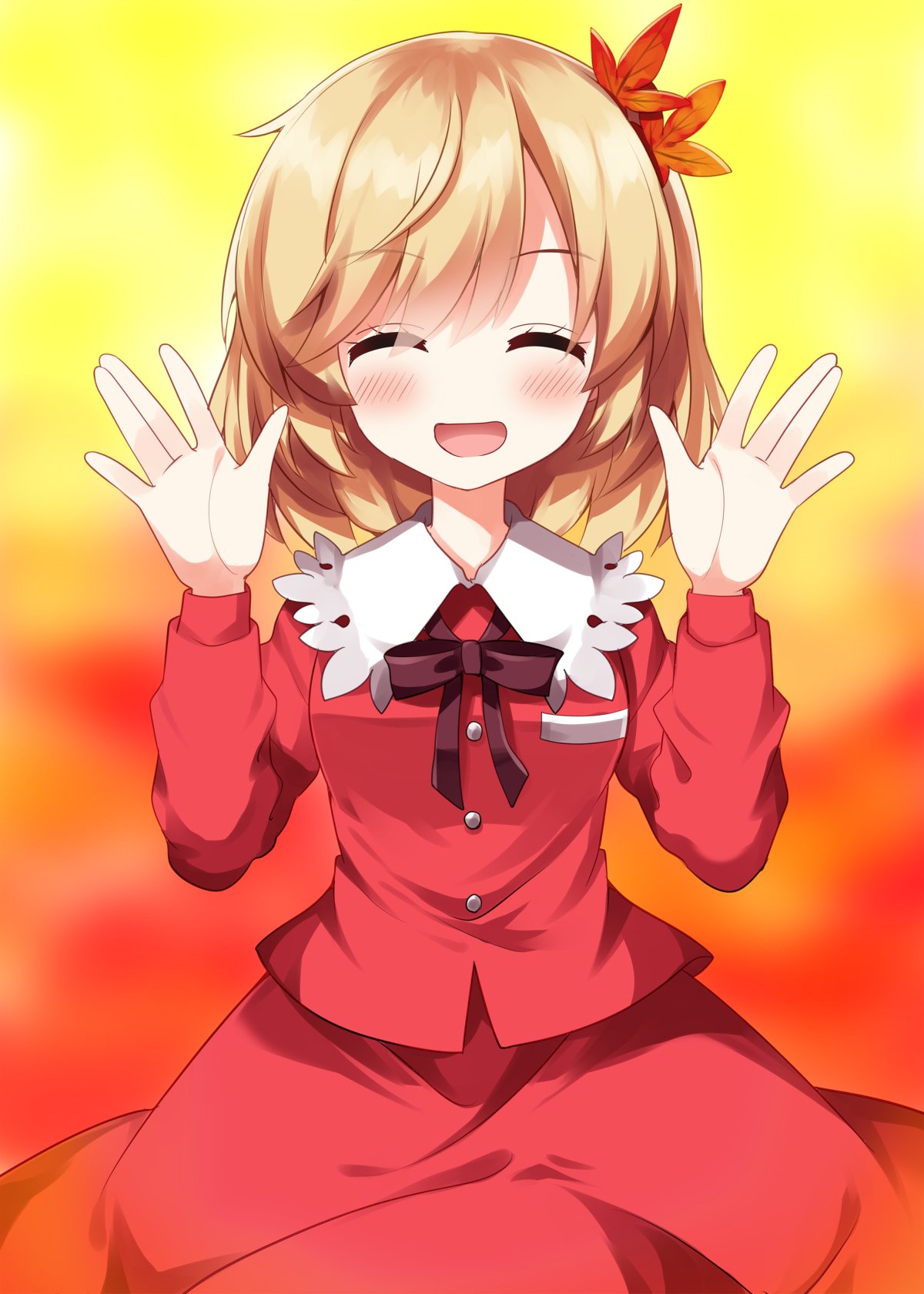 ruu (tksymkw), aki shizuha, touhou, highres, 1girl, :d, ^ ^, blonde hair, blurry, blurry background, blush, bow, bowtie, brown bow, brown bowtie, closed eyes, collared shirt, contrast collar, cowboy shot, facing viewer, hair ornament, hands up, leaf hair ornament, long sleeves, open mouth, red shirt, red skirt, shirt, short hair, skirt, skirt set, smile, solo