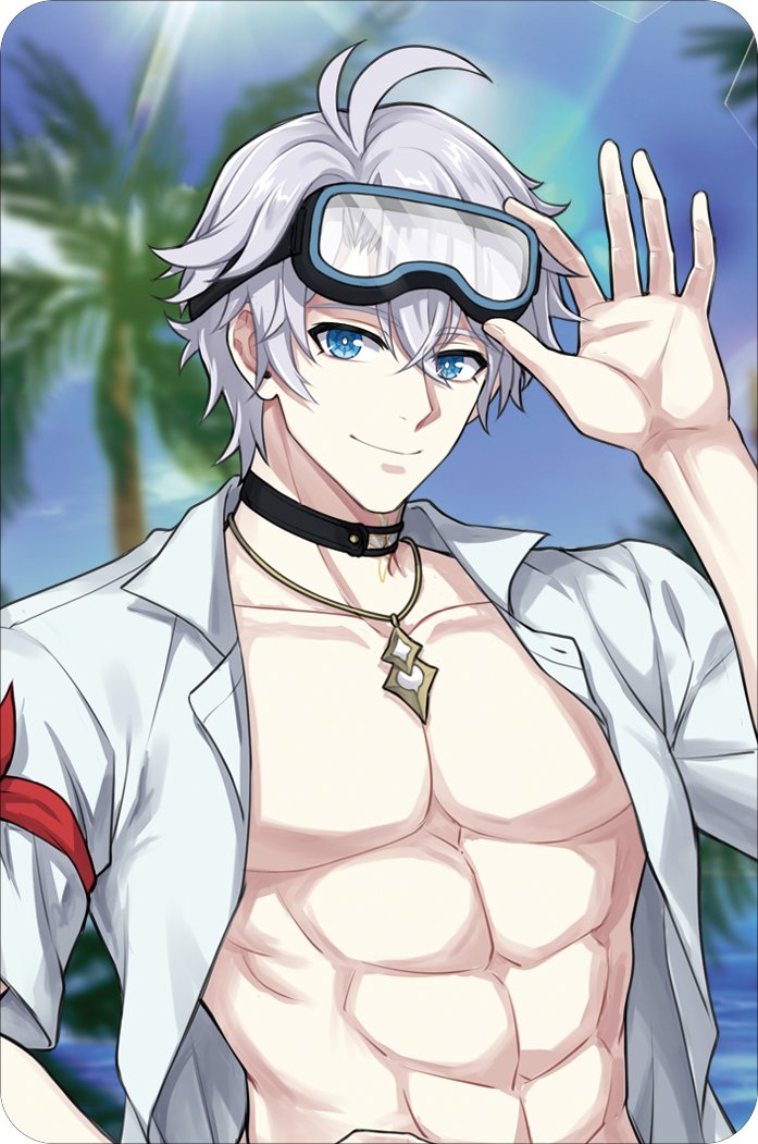 phainon (honkai: star rail), honkai: star rail, honkai (series), commentary request, korean commentary, 1boy, abs, antenna hair, black choker, blue eyes, choker, collared shirt, goggles, goggles on head, gold necklace, jewelry, male focus, neck tattoo, necklace, open clothes, open shirt, parted bangs, regit1412, shirt, short hair, solo, sun symbol, sun tattoo, tan, tattoo, toned, toned male, white hair, white shirt