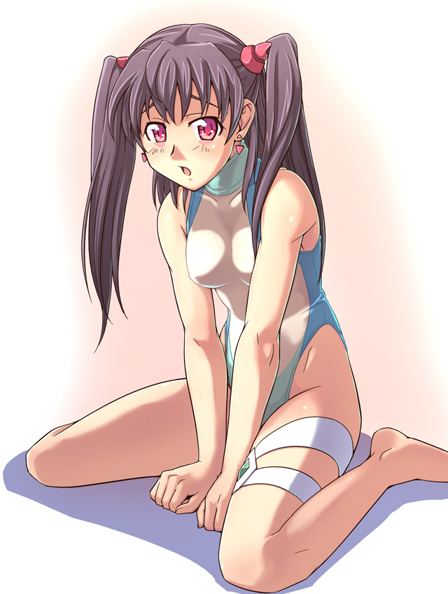 e20, bougainvillea, sora wo kakeru shoujo, 00s, 1girl, barefoot, earrings, female focus, highleg, highleg leotard, jewelry, leotard, pink eyes, purple hair, short twintails, sitting, solo, thigh strap, twintails, v arms, wariza