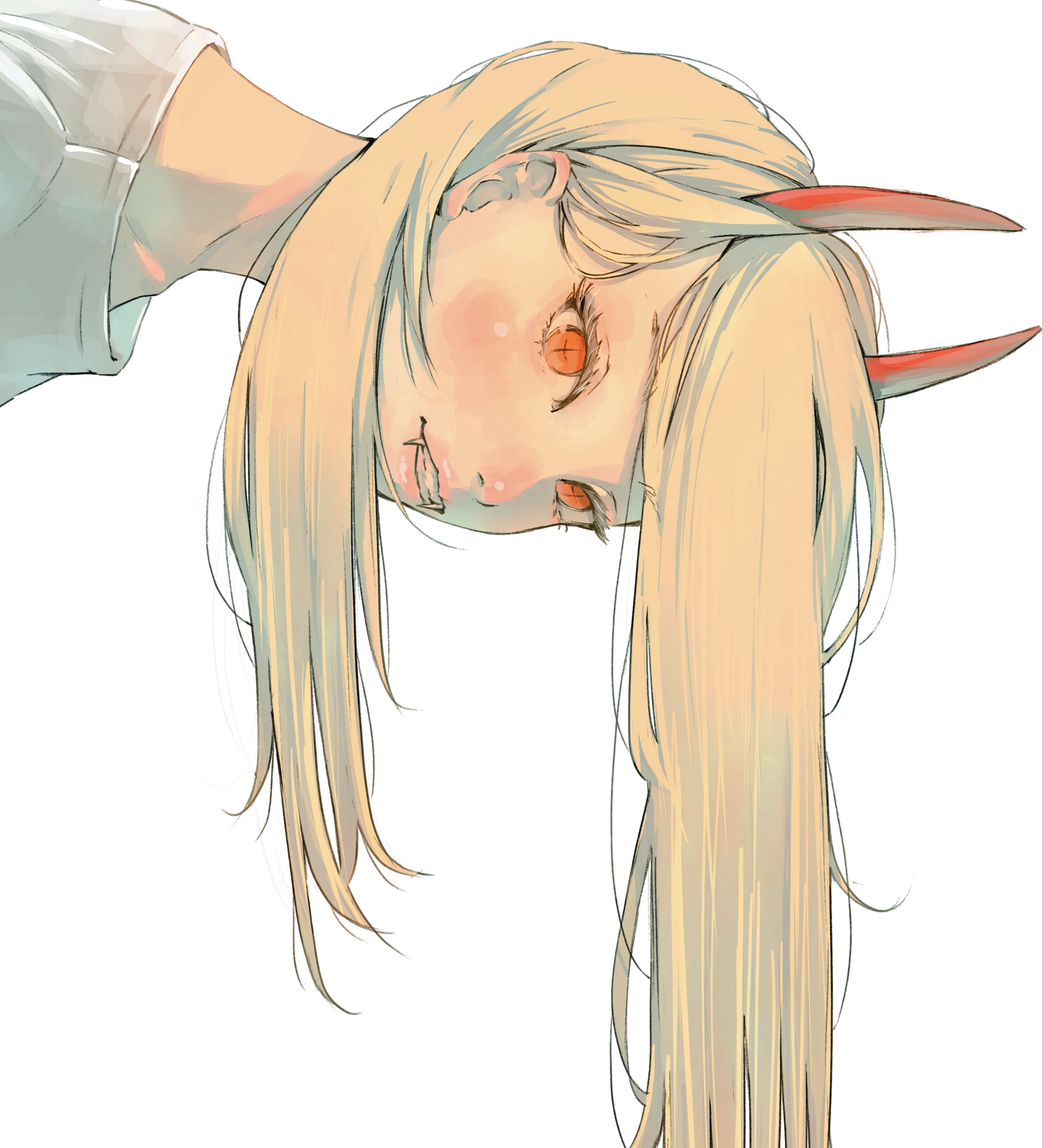 tsudadaikei, power (chainsaw man), chainsaw man, absurdres, highres, 1girl, blonde hair, clenched teeth, cross-shaped pupils, demon horns, fangs, horns, long hair, looking at viewer, orange eyes, portrait, red horns, shirt, simple background, solo, symbol-shaped pupils, teeth, white background, white shirt