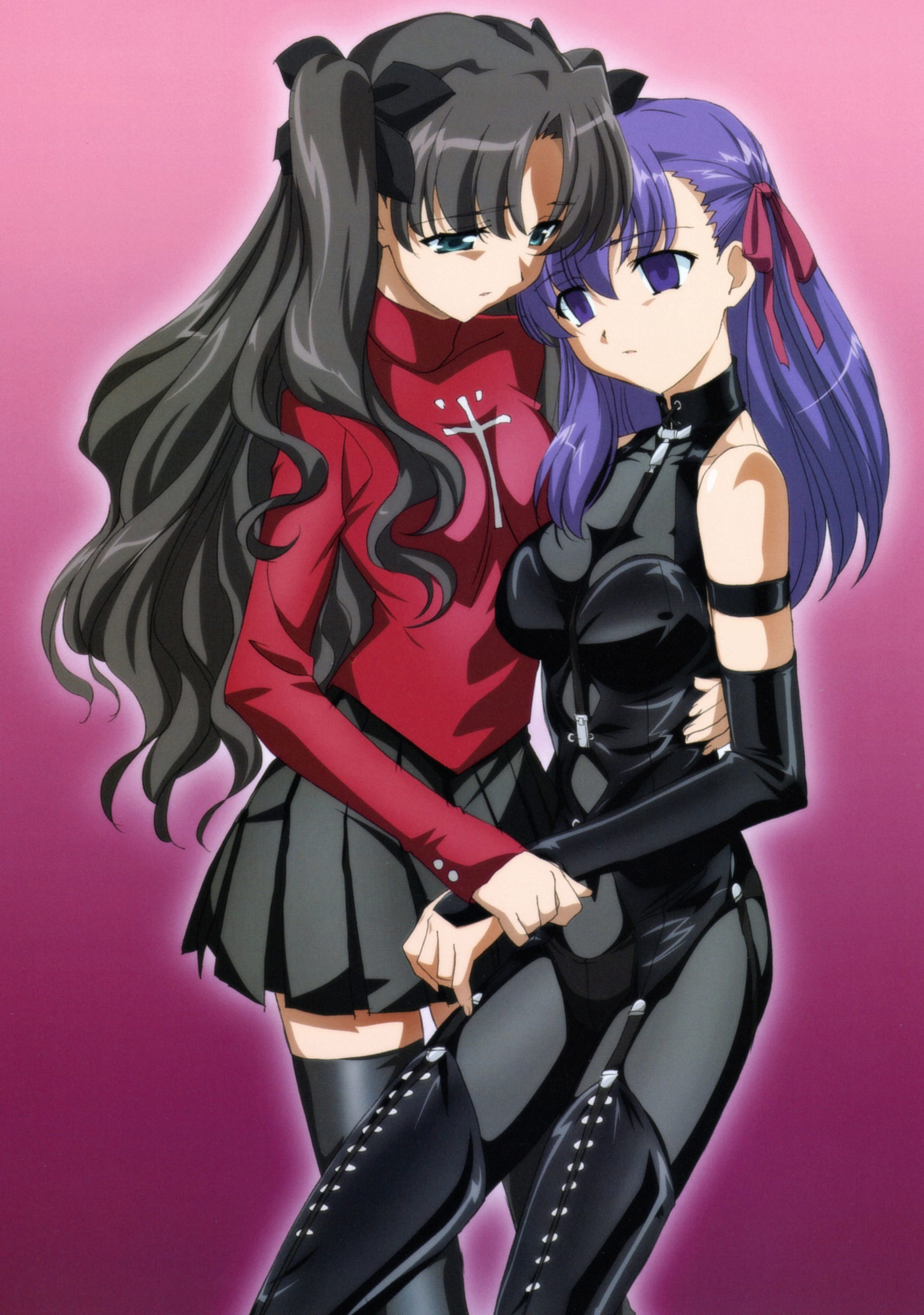 matou sakura, matou sakura (deen s&m), tohsaka rin, fate/stay night, fate (series), duplicate, highres, official art, 00s, 2girls, aqua eyes, black hair, breasts, female focus, garter belt, long hair, long legs, medium breasts, multiple girls, necktie, pantyhose, purple eyes, purple hair, siblings, sisters, skirt, thighhighs, twintails, two side up, yuri, zettai ryouiki