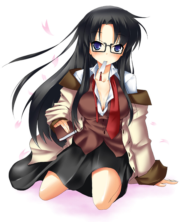 nana (732 kaiten), yomiko readman, read or die, 00s, 1girl, black-framed eyewear, bookmark, breasts, cleavage, female focus, full body, glasses, medium breasts, mouth hold, necktie, red necktie, sitting, solo, undone necktie, vest