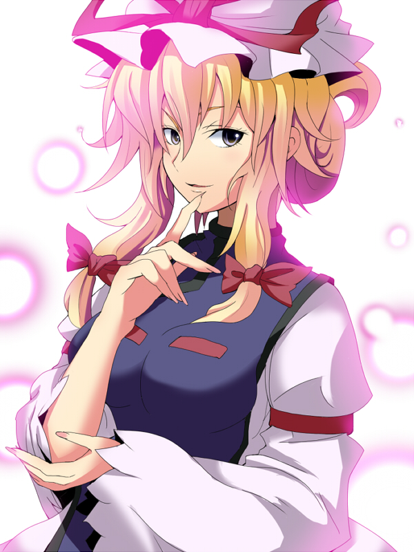yoshida (rodeo), yakumo yukari, touhou, bad id, bad pixiv id, 1girl, blonde hair, bow, breasts, crossed arms, dress, female focus, finger to mouth, grey eyes, hat, solo, white background