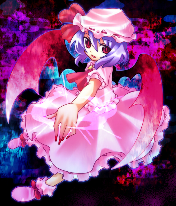 yonyon, remilia scarlet, touhou, bad id, bad pixiv id, 1girl, bat wings, blue hair, female focus, full body, gradient background, hat, red eyes, short hair, solo, wings