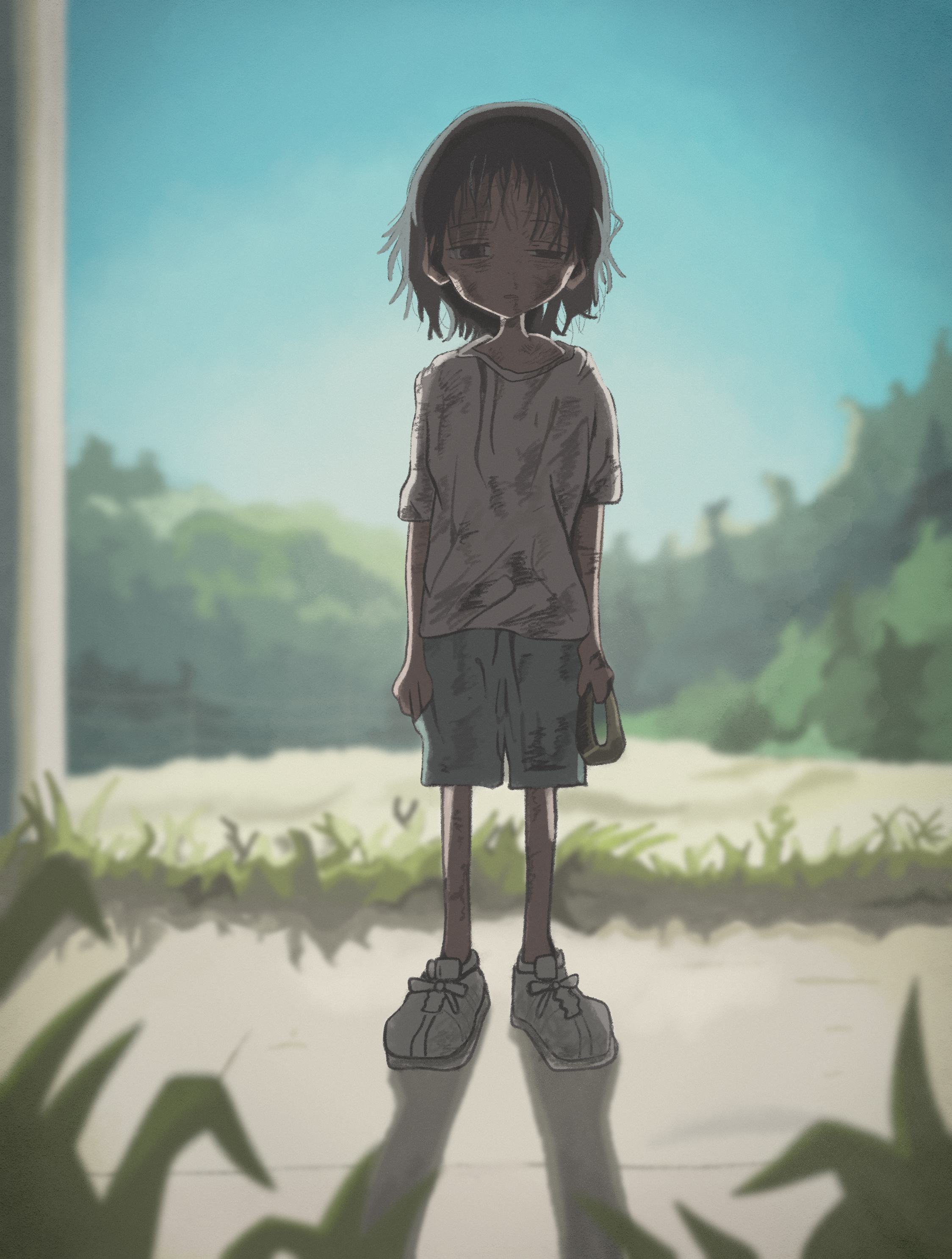 naaga sonomono, kuze shizuka, takopii no genzai, absurdres, highres, 1girl, arms at sides, backlighting, bruise, collar, dirty, dirty clothes, grass, half-closed eyes, holding, holding collar, injury, messy hair, outdoors, parted lips, shadow, shirt, shoes, shorts, solo, standing, t-shirt, white shirt