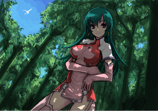 kara (color), kotona elegance, zoids, zoids genesis, 00s, 1girl, bird, breasts, dappled sunlight, dress, dutch angle, earrings, elbow gloves, female focus, forest, gloves, green hair, jewelry, long hair, nature, shade, solo, sunlight, thighhighs, tree shade