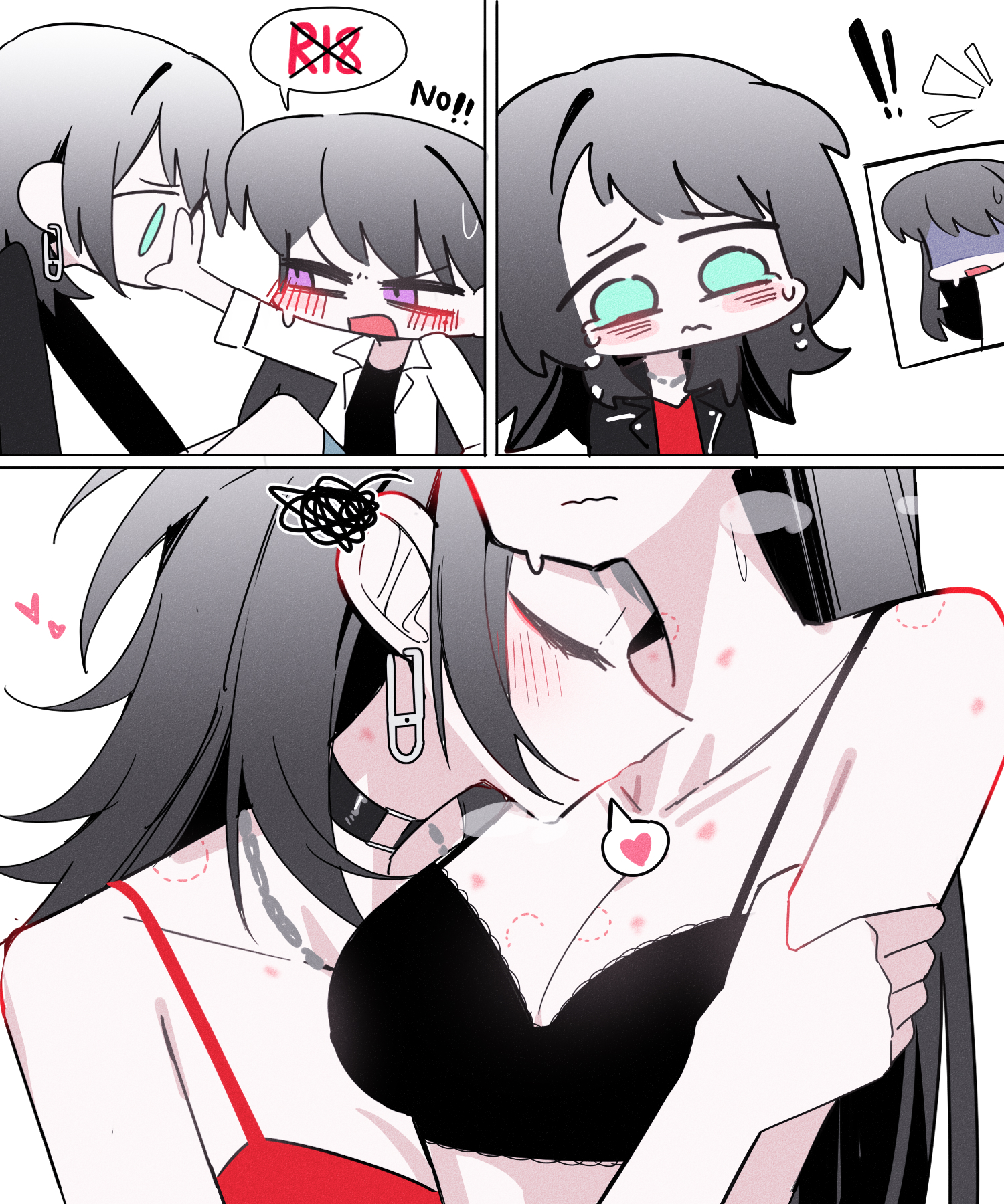zikiki1092, shiina taki, yahata umiri, bang dream!, bang dream! it's mygo!!!!!, commentary request, highres, 2girls, bite mark, bite mark on breast, bite mark on neck, bite mark on shoulder, black bra, black hair, black jacket, black shirt, blue eyes, bra, camisole, closed eyes, closed mouth, earrings, hand on another's arm, heart, hickey, jacket, jewelry, kiss, kissing neck, long hair, multiple girls, purple eyes, red camisole, shirt, spoken heart, tears, underwear, white shirt, yuri