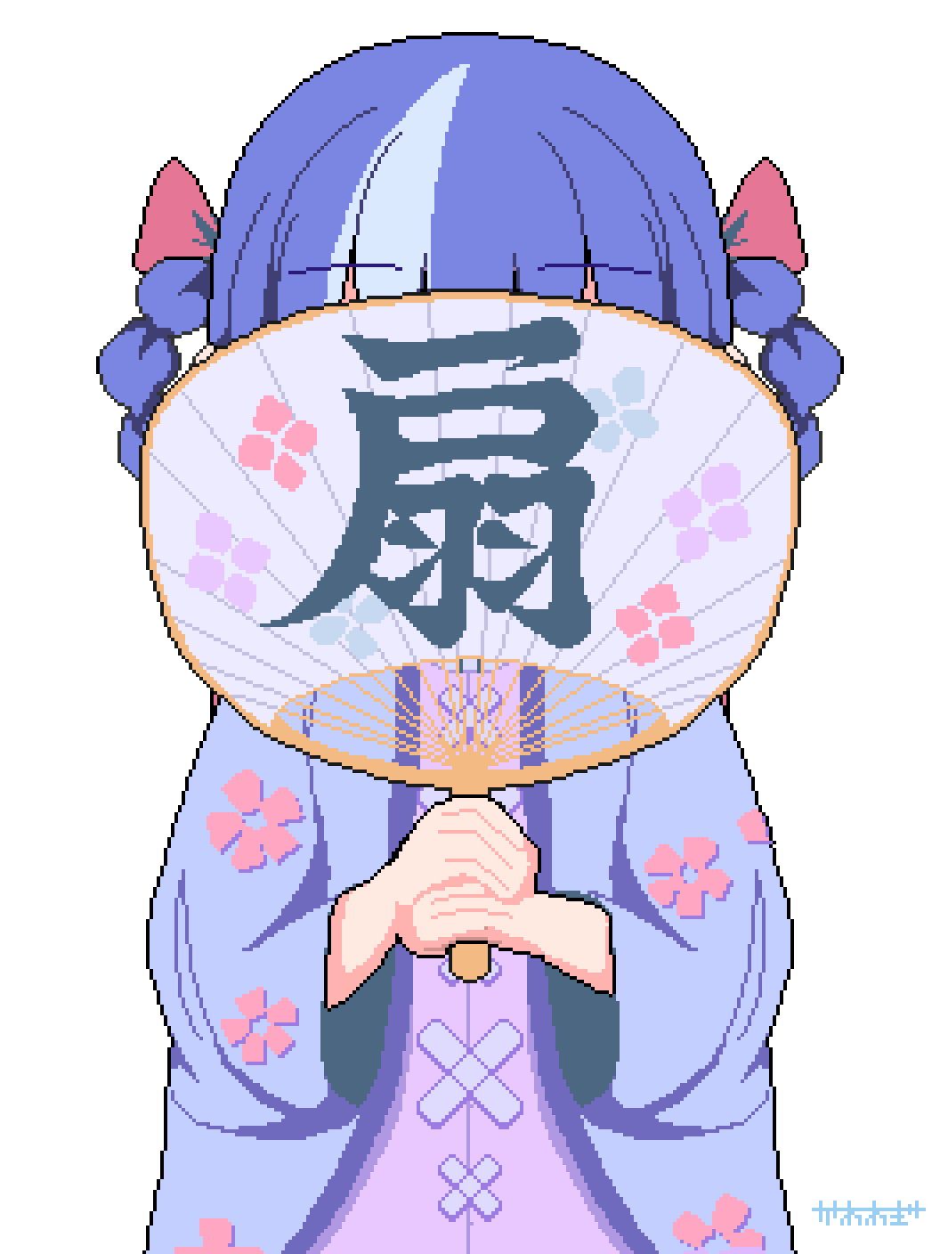 kawawagi, original, animated, animated gif, highres, looping animation, 1girl, :|, blinking, blue eyes, blush stickers, bow, choker, closed mouth, fanning, floral print, hair bow, hair rings, hand fan, haori, holding, holding fan, japanese clothes, jitome, looking at viewer, multicolored hair, pink bow, pixel art, print haori, purple hair, simple background, solo, white background
