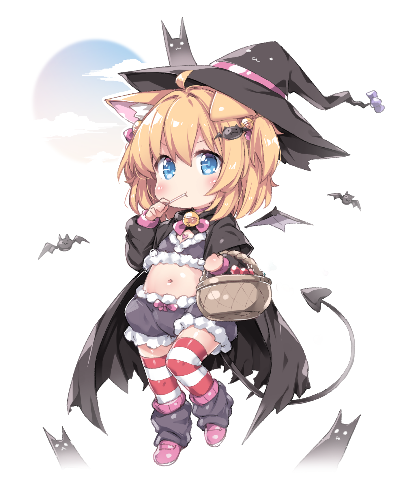 tamase tama, original, highres, 1girl, animal ears, basket, bat (animal), blonde hair, blue eyes, hat, navel, solo, striped clothes, striped thighhighs, tail, thighhighs, two side up, wings, witch hat