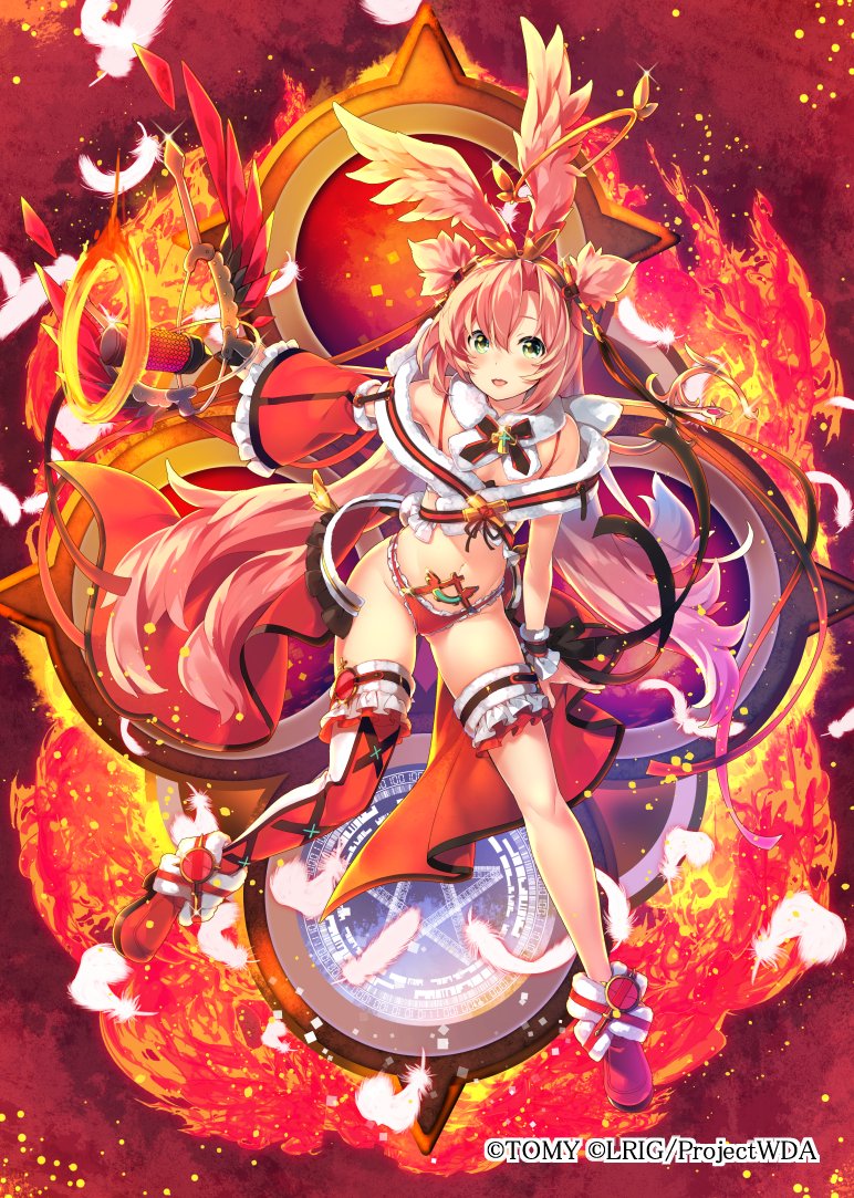 mayusaki yuu, tawil (wixoss), wixoss, official art, 1girl, boots, copyright notice, detached sleeves, feathered wings, feathers, green eyes, hair ornament, head wings, holding, holding weapon, long hair, magic circle, navel, open mouth, panties, pink hair, pink wings, red panties, red shoes, revealing clothes, shoes, solo, thigh boots, thigh strap, two side up, underwear, weapon, white feathers, wings