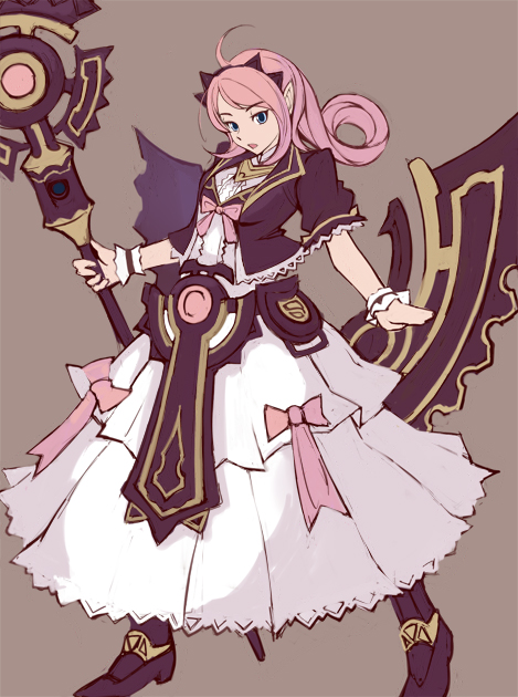 kawa akira, pixiv fantasia, pixiv fantasia 1, 1girl, ahoge, blue eyes, bow, dress, female focus, long hair, pink hair, solo, staff, wrist cuffs