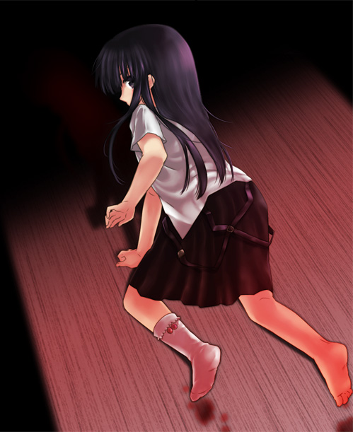 konno rei, furude rika, higurashi no naku koro ni, 00s, all fours, barefoot, blood, blue hair, feet, long hair, looking back, shirt, skirt, socks, solo