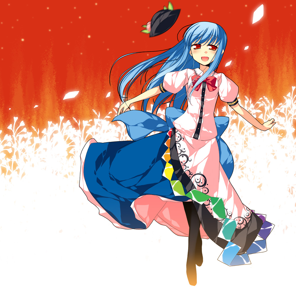 nu (plastic eraser), hinanawi tenshi, touhou, 1girl, blue hair, bow, bowtie, crossed legs, dress, female focus, hat, long hair, open mouth, outstretched arms, red eyes, smile, solo, spread arms, standing, unworn hat, unworn headwear, watson cross, wind