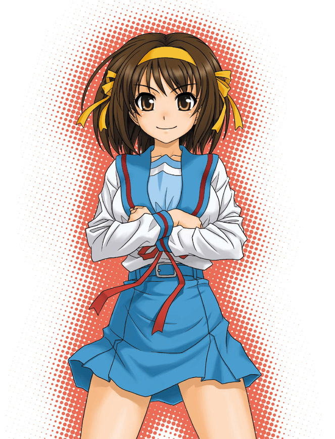 hida tatsuo, suzumiya haruhi, suzumiya haruhi no yuuutsu, 00s, 1girl, blue skirt, brown eyes, brown hair, crossed arms, female focus, looking at viewer, sailor collar, school uniform, serafuku, short hair, simple background, skirt, solo, white background