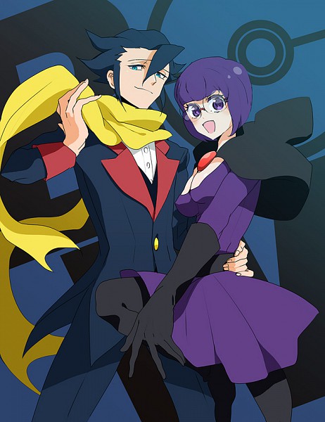 naritama saty, grimsley (pokemon), shauntal (pokemon), nintendo, pokemon, pokemon bw, third-party source, 1boy, 1girl, black hair, blue coat, blue eyes, blunt bangs, bob cut, bow, breasts, buttons, cleavage, coat, elbow gloves, glasses, gloves, hair between eyes, knee up, large bow, long sleeves, low-cut, medium breasts, neck pillow, open mouth, pantyhose, pointy hair, purple eyes, purple hair, purple skirt, rimless eyewear, round eyewear, scarf, shirt, short hair, skirt, smile, tailcoat, white shirt, yellow scarf