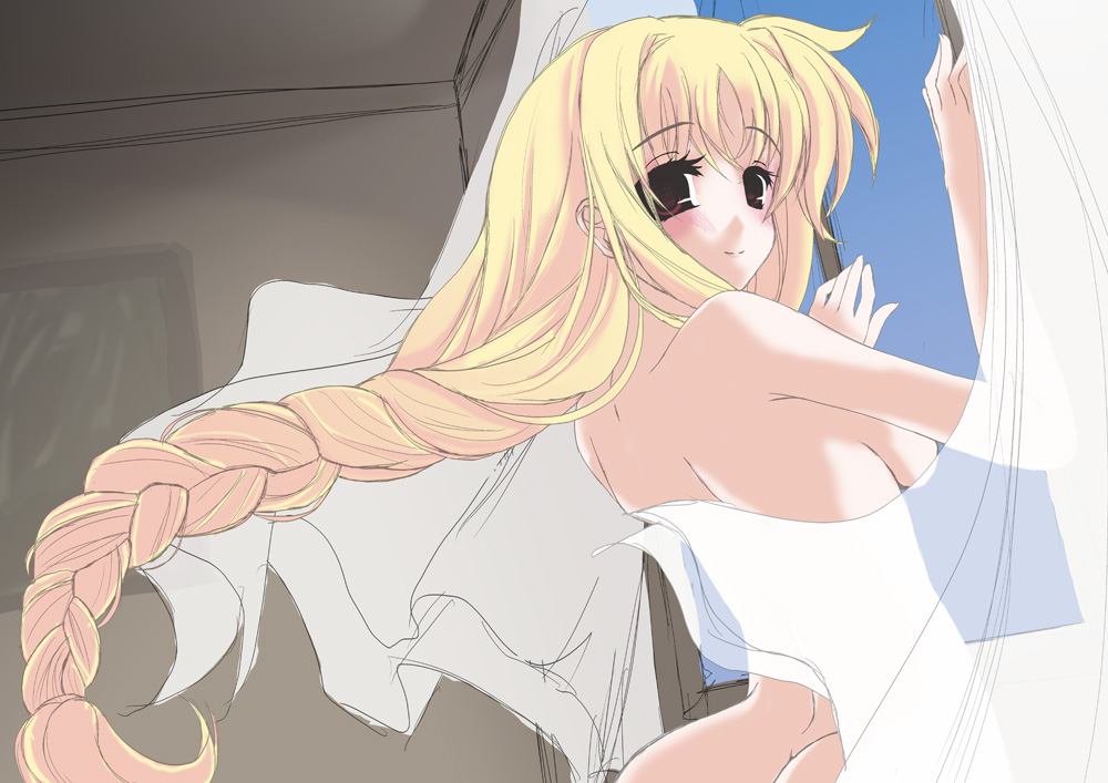 frapowa, fate testarossa, lyrical nanoha, mahou shoujo lyrical nanoha, mahou shoujo lyrical nanoha strikers, unfinished, 00s, blush, braid, butt crack, curtains, nude, see-through clothes, solo