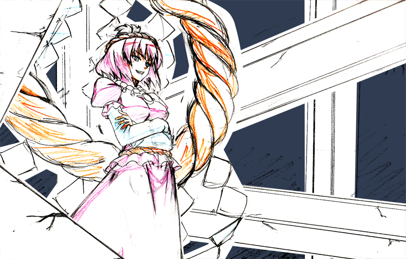 h-new, yasaka kanako, touhou, 1girl, color trace, crossed arms, female focus, onbashira, production art, purple hair, rope, shimenawa, short hair, sketch, smirk, solo