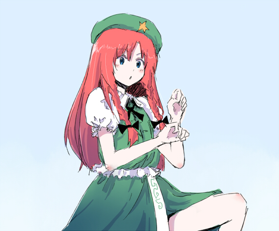 maiku, hong meiling, immaterial and missing power, touhou, 1girl, :o, beret, blue eyes, china dress, chinese clothes, dress, female focus, green dress, hat, long sleeves, parted lips, puffy short sleeves, puffy sleeves, red hair, short sleeves, sidelocks, solo, star (symbol)