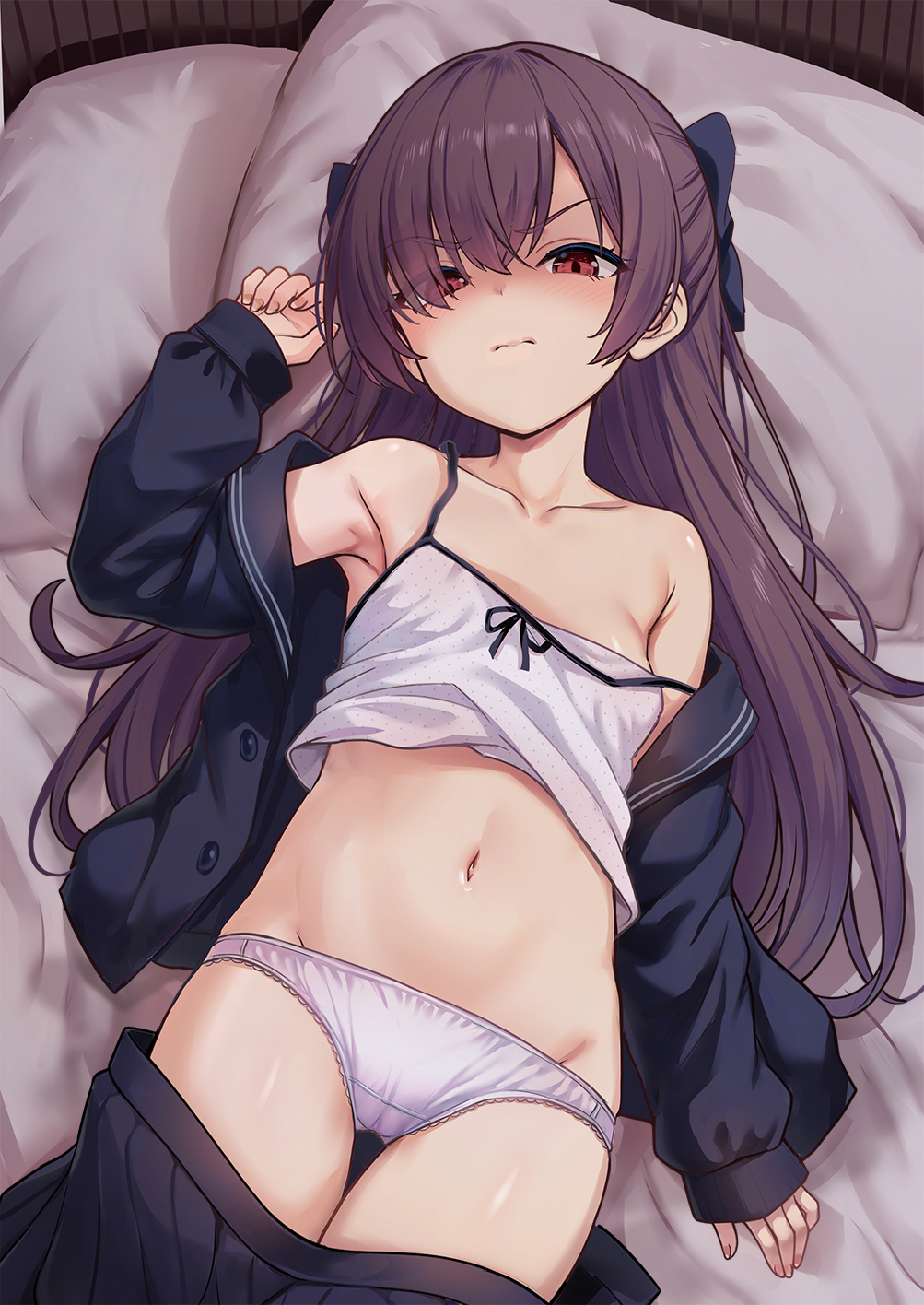 milkshakework, original, commentary request, highres, paid reward available, 1girl, bow, breasts, camisole, clothes pull, hair bow, long hair, lying, navel, on back, open clothes, panties, skirt, skirt pull, small breasts, solo, underwear
