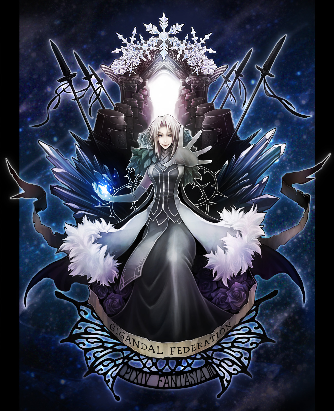 sachi (pixiv), sachi (yumemayoi), elaine (pixiv fantasia), pixiv fantasia, pixiv fantasia 3, silver hair, highres, 1girl, armor, blonde hair, blue flower, blue rose, copyright name, dress, female focus, flower, gigandal federation, helmet, magic, polearm, rose, snowflakes, solo, spear, weapon