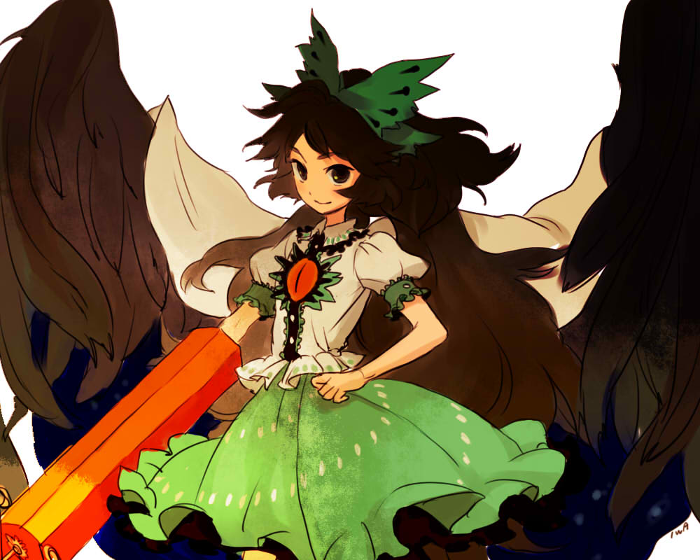 iwamoto zerogo, reiuji utsuho, touhou, 1girl, arm cannon, black hair, female focus, hand on own hip, long hair, solo, weapon, wings